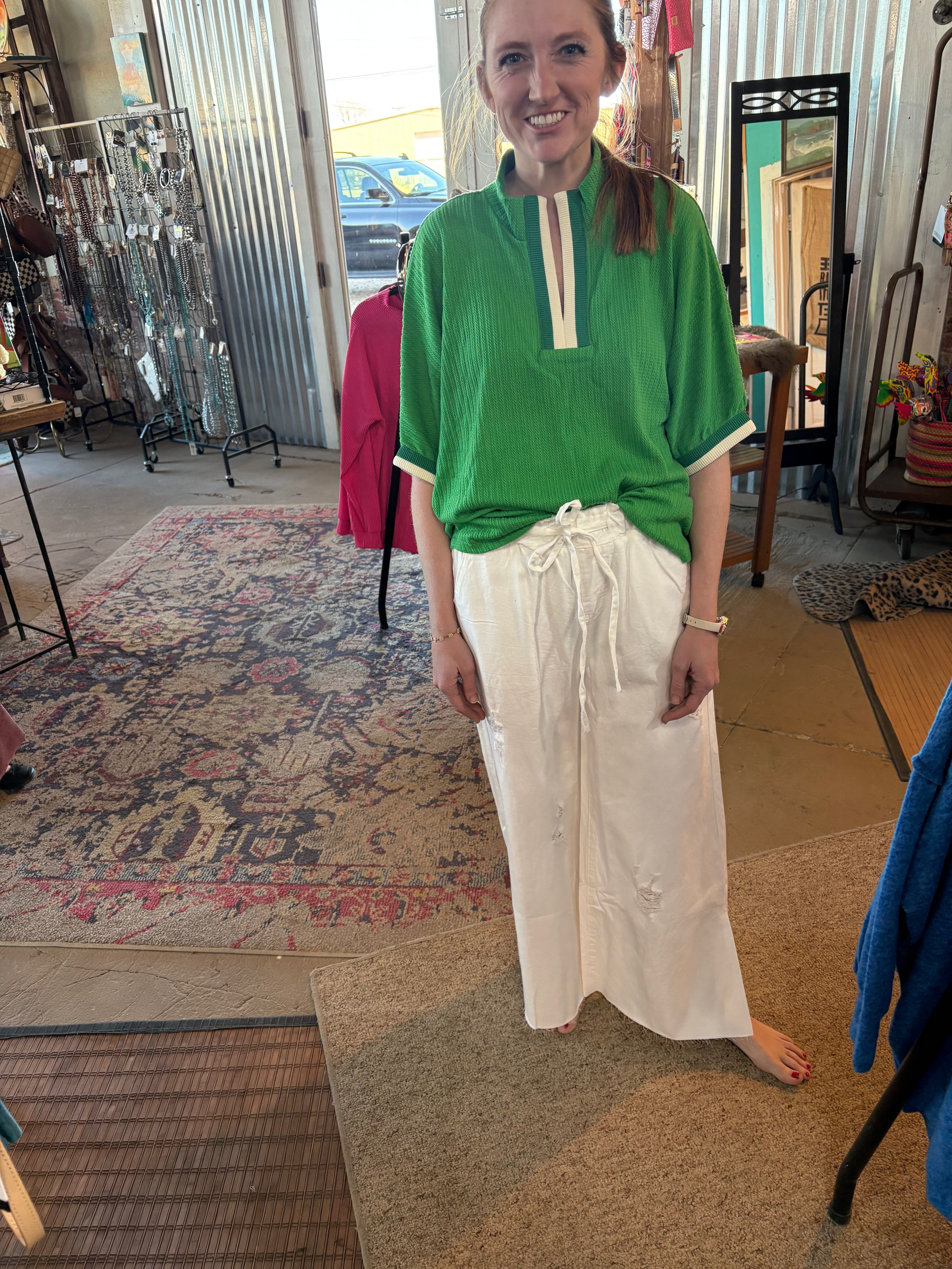 Textured Knit Top with Contrast Trim - Green-Tops-Stuffology Boutique -Stuffology - Where Vintage Meets Modern, A Boutique for Real Women in Crosbyton, TX