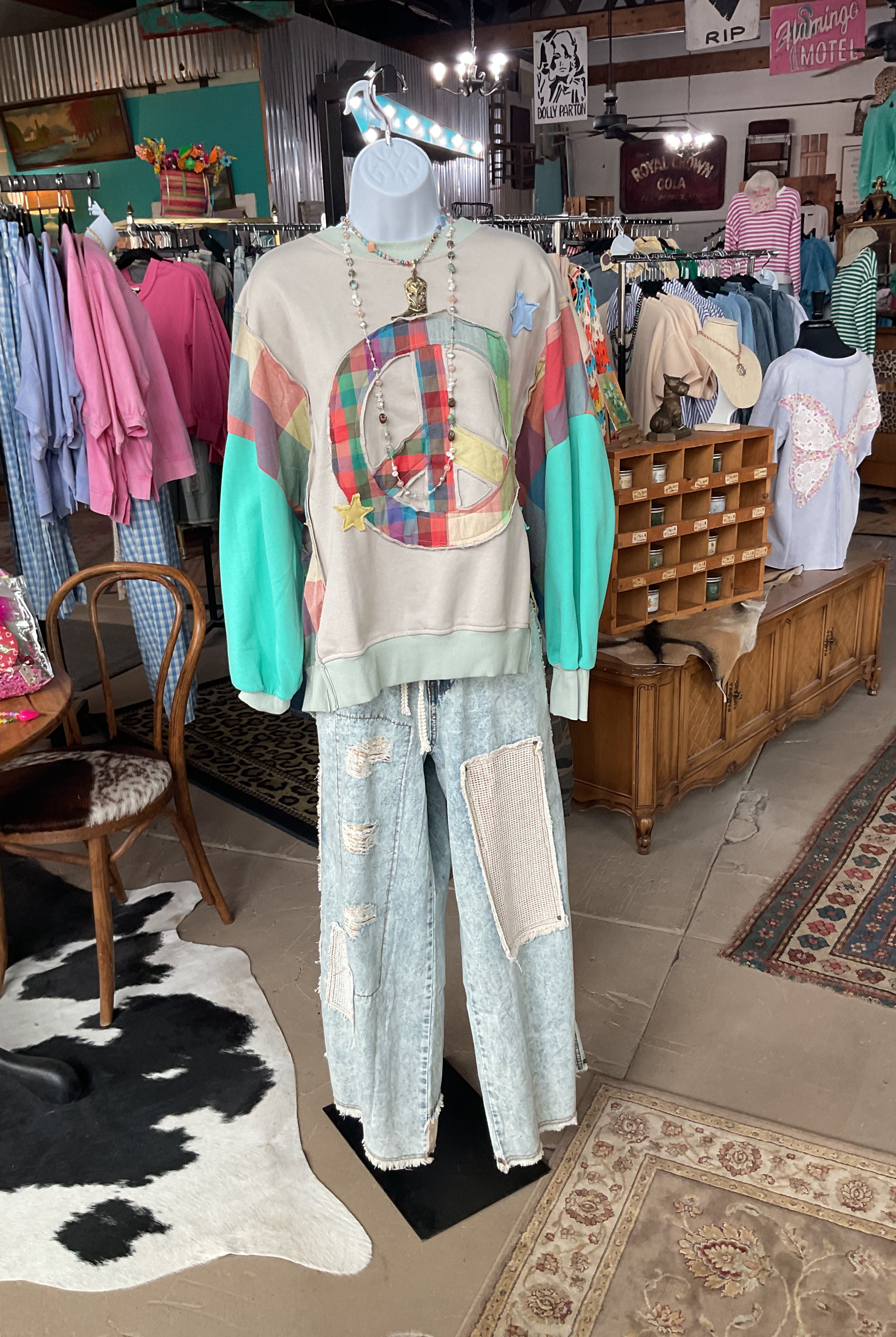 Patchwork Peace Sign Plaid Sleeve Sweatshirt-Sage + Fig-Stuffology - Where Vintage Meets Modern, A Boutique for Real Women in Crosbyton, TX