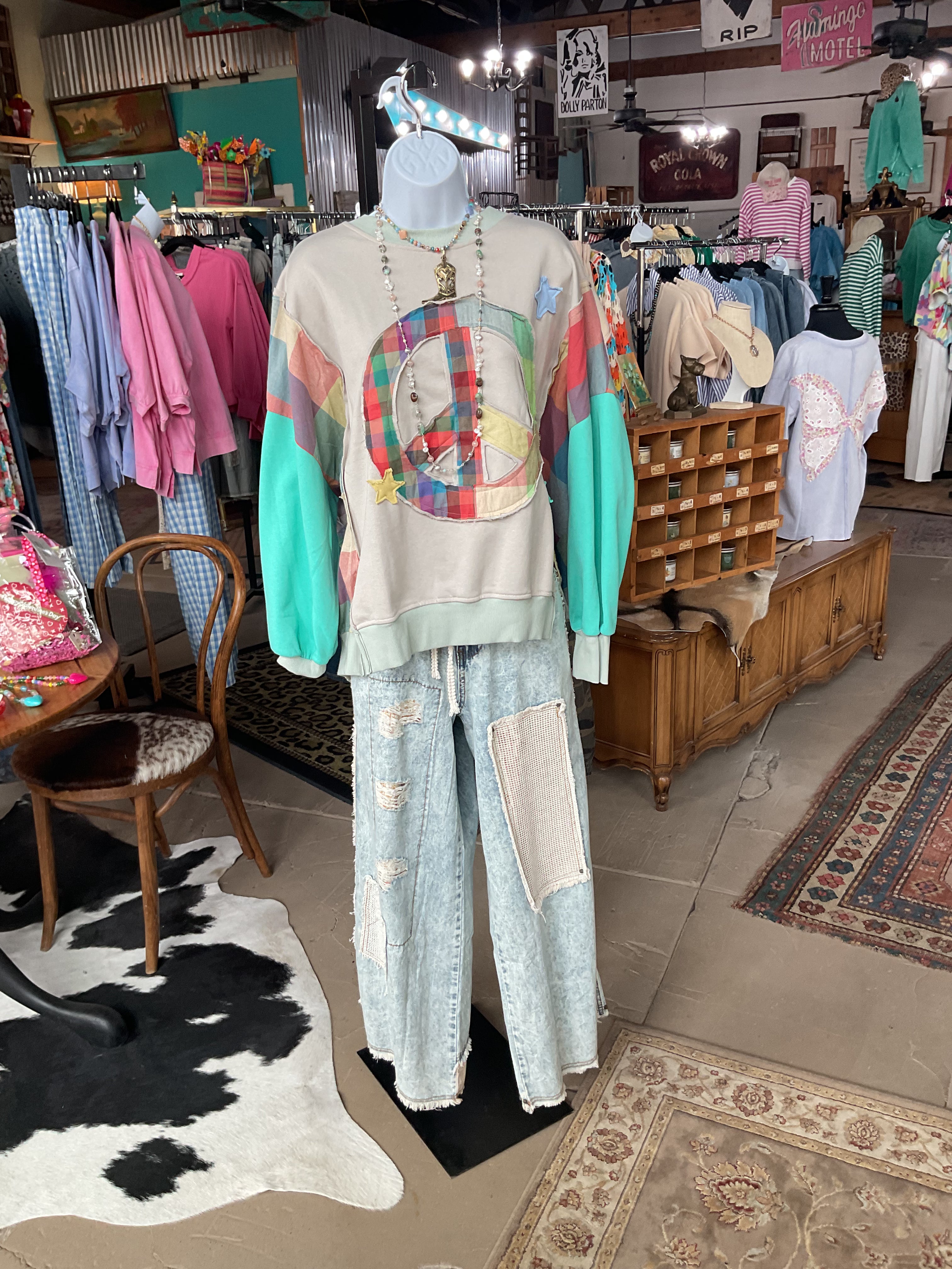 Patchwork Peace Sign Plaid Sleeve Sweatshirt-Sage + Fig-Stuffology - Where Vintage Meets Modern, A Boutique for Real Women in Crosbyton, TX