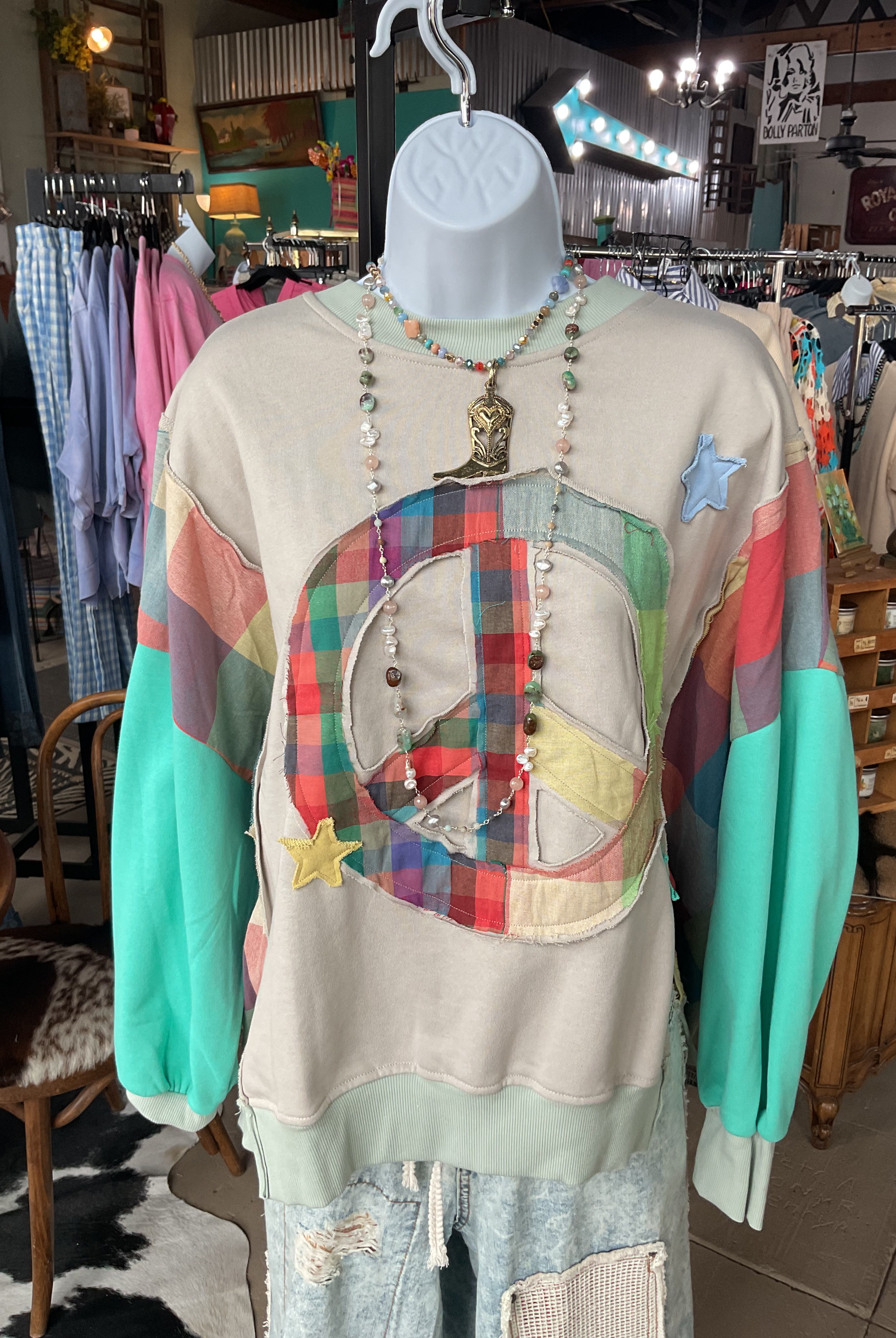 Patchwork Peace Sign Plaid Sleeve Sweatshirt-Sage + Fig-Stuffology - Where Vintage Meets Modern, A Boutique for Real Women in Crosbyton, TX