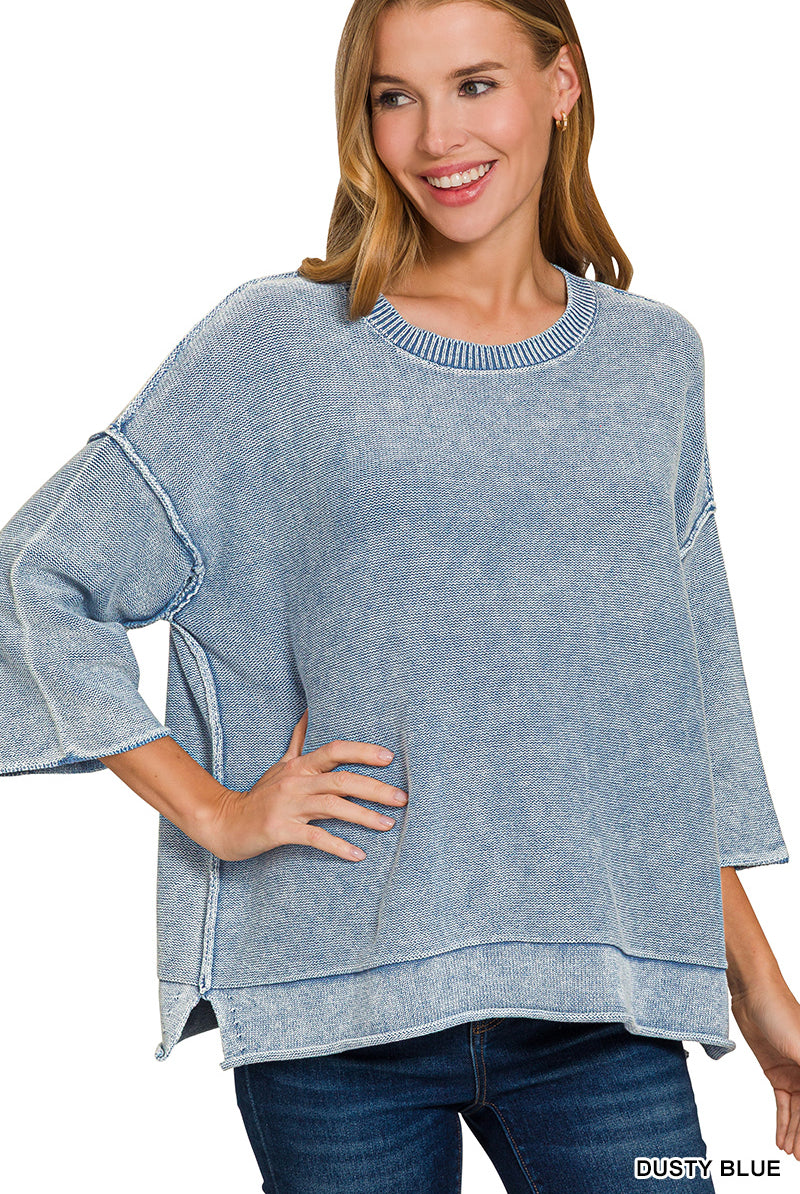 Washed 3/4 Sleeve Boxy Sweater-Zenana-Stuffology - Where Vintage Meets Modern, A Boutique for Real Women in Crosbyton, TX