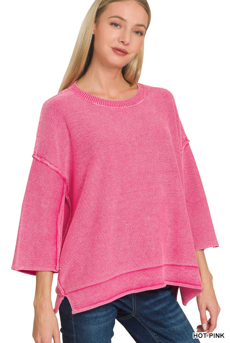 Washed 3/4 Sleeve Boxy Sweater-Zenana-Stuffology - Where Vintage Meets Modern, A Boutique for Real Women in Crosbyton, TX