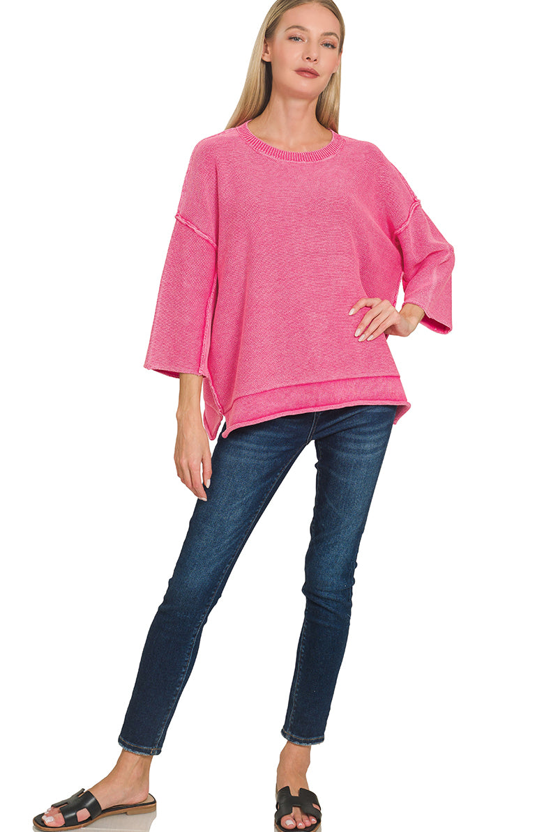 Washed 3/4 Sleeve Boxy Sweater-Zenana-Stuffology - Where Vintage Meets Modern, A Boutique for Real Women in Crosbyton, TX