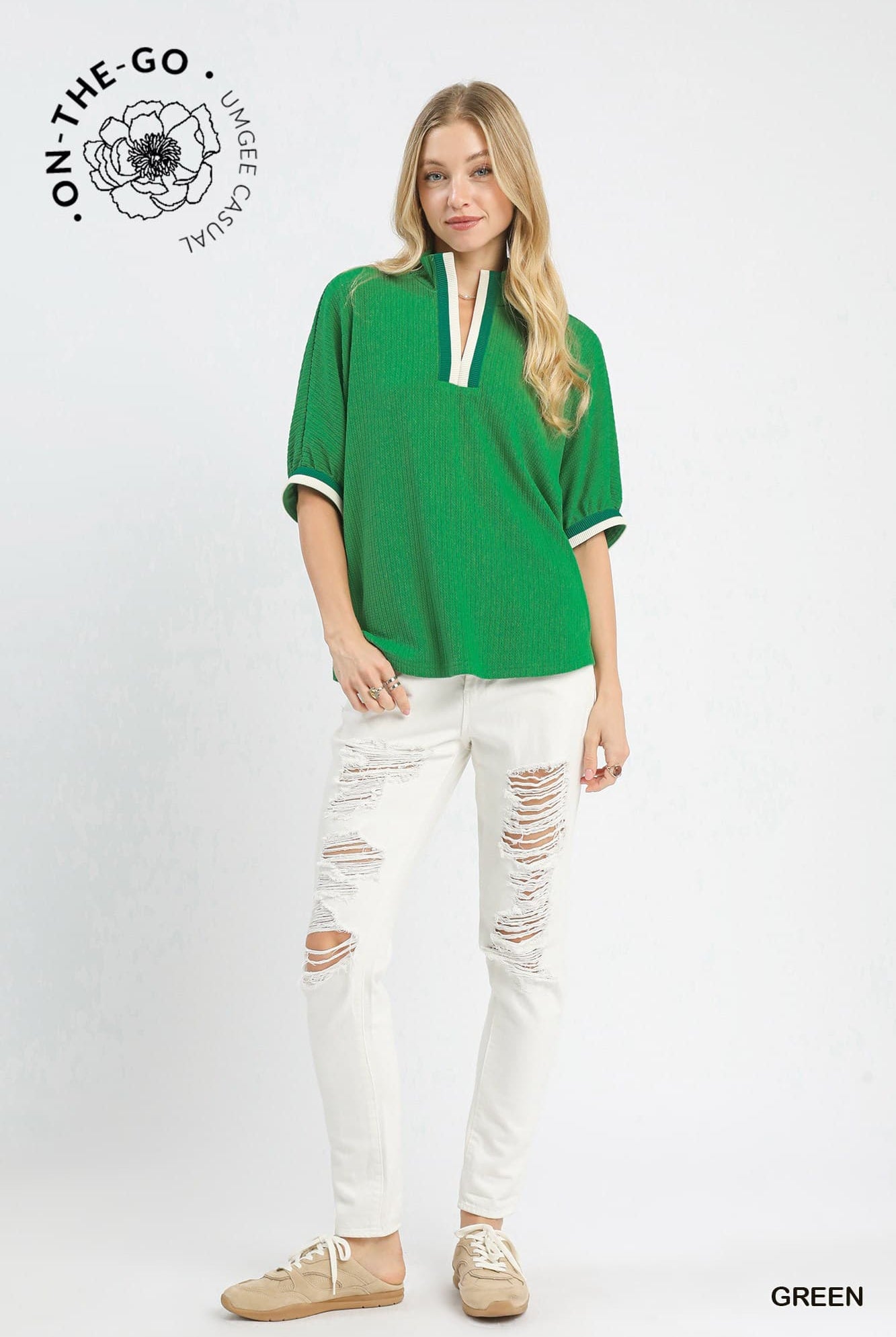 Textured Knit Top with Contrast Trim - Green-Tops-Stuffology Boutique -Stuffology - Where Vintage Meets Modern, A Boutique for Real Women in Crosbyton, TX