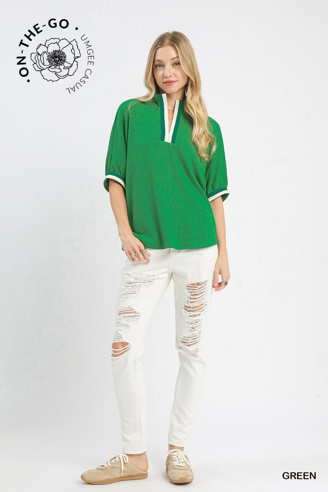 Textured Knit Top with Contrast Trim - Green-Tops-Stuffology Boutique -Stuffology - Where Vintage Meets Modern, A Boutique for Real Women in Crosbyton, TX