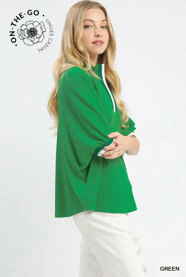 Textured Knit Top with Contrast Trim - Green-Tops-Stuffology Boutique -Stuffology - Where Vintage Meets Modern, A Boutique for Real Women in Crosbyton, TX