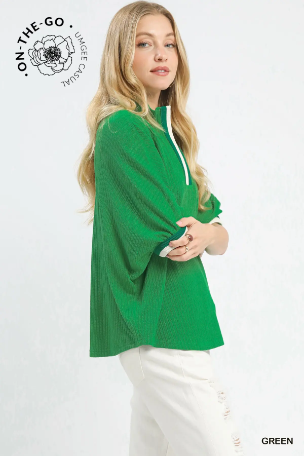 Textured Knit Top with Contrast Trim - Green-Tops-Stuffology Boutique -Stuffology - Where Vintage Meets Modern, A Boutique for Real Women in Crosbyton, TX
