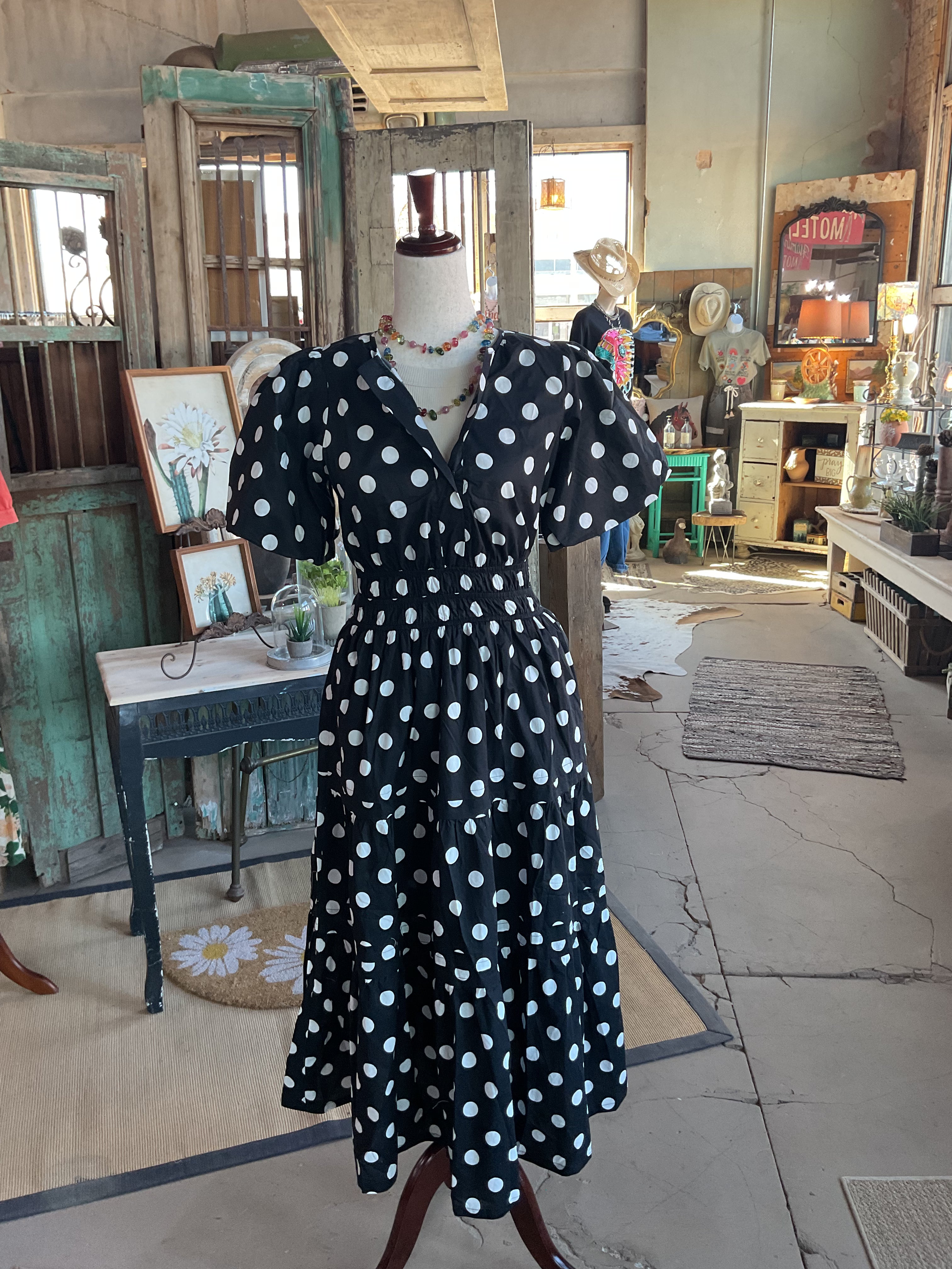 Polka Dot Puff Sleeve Midi Dress (With Pockets!)-Dresses-She + Sky-Stuffology - Where Vintage Meets Modern, A Boutique for Real Women in Crosbyton, TX