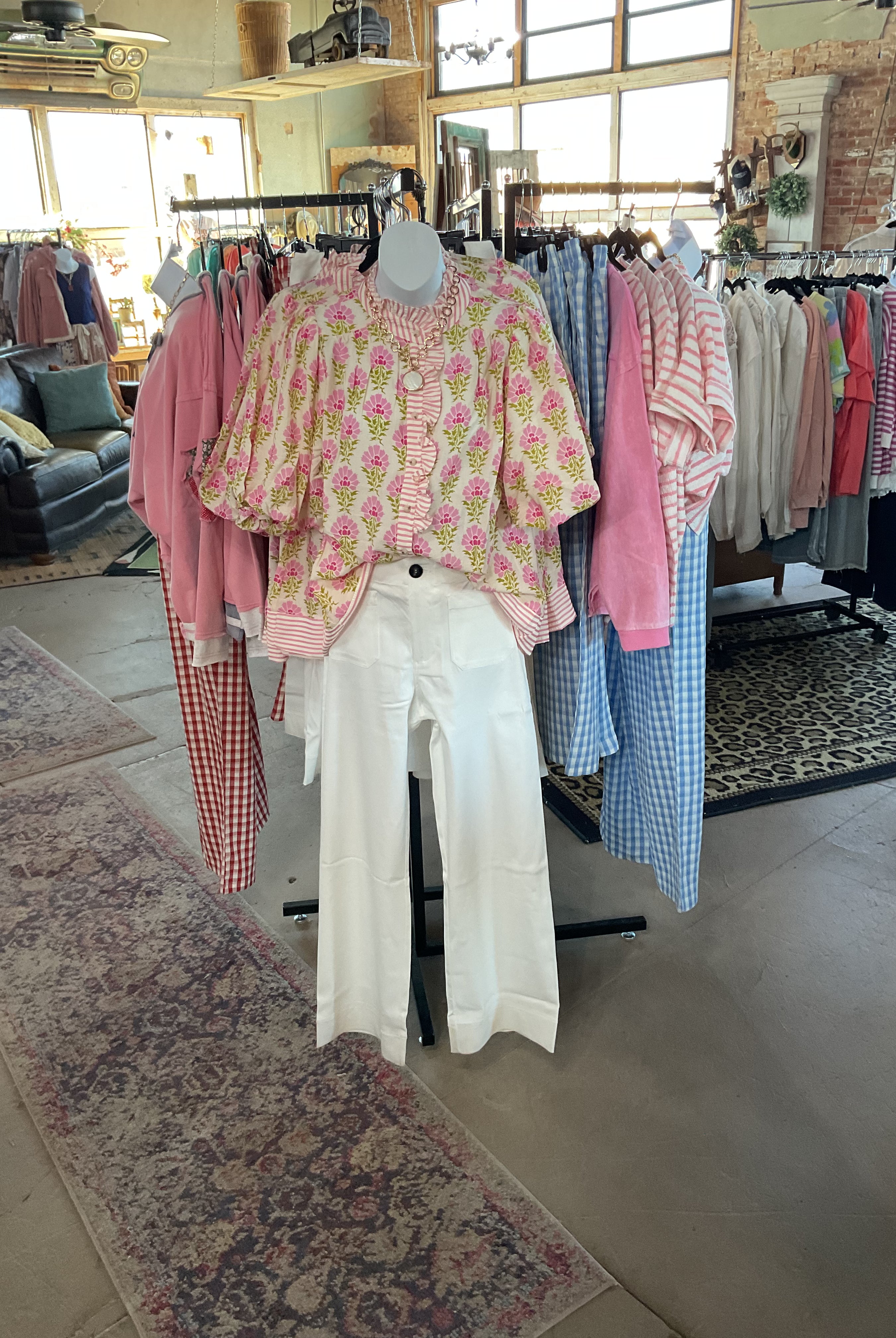Bubble Sleeve Ruffled Neck Printed Top-Tops-She + Sky-Stuffology - Where Vintage Meets Modern, A Boutique for Real Women in Crosbyton, TX