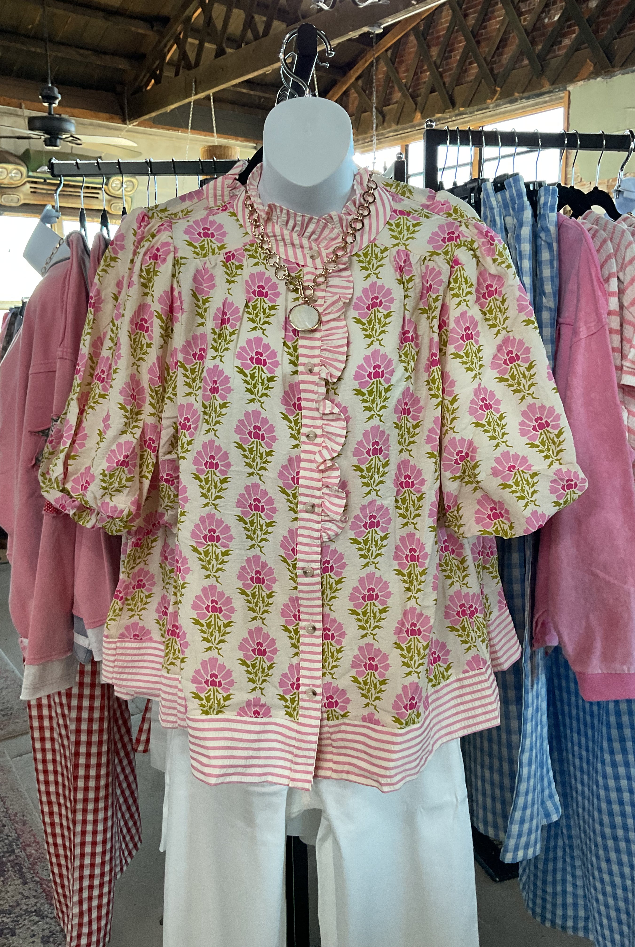 Bubble Sleeve Ruffled Neck Printed Top-Tops-She + Sky-Stuffology - Where Vintage Meets Modern, A Boutique for Real Women in Crosbyton, TX