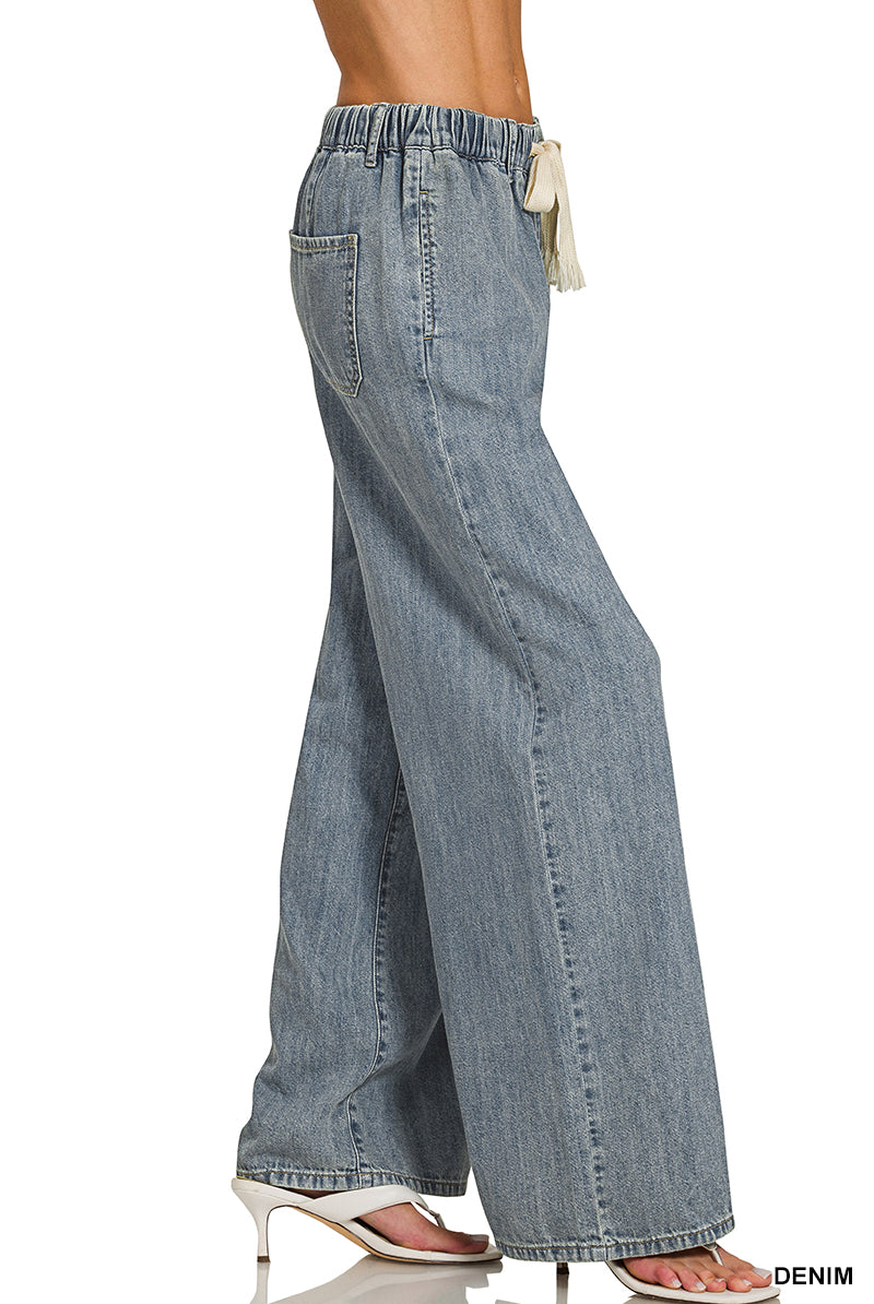 Wide Leg Drawstring Elastic Waistband Denim Pants-Pants-Zenana-Stuffology - Where Vintage Meets Modern, A Boutique for Real Women in Crosbyton, TX