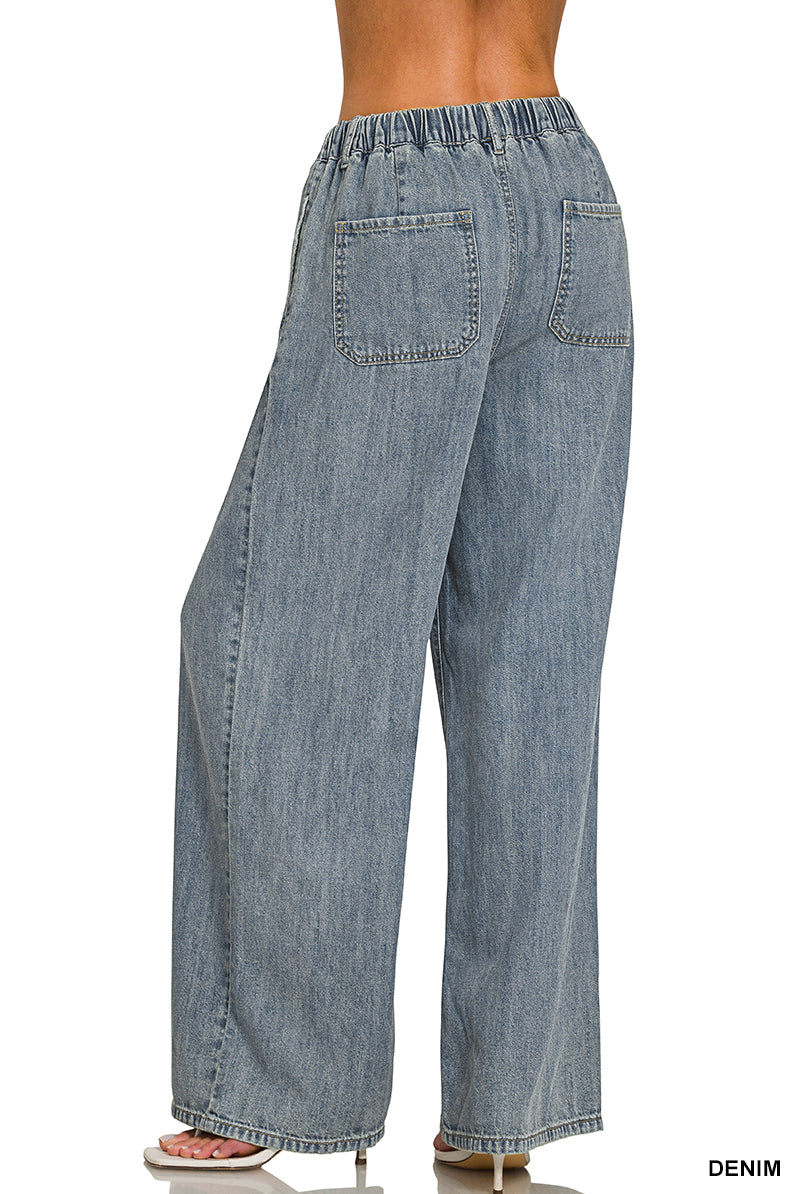 Wide Leg Drawstring Elastic Waistband Denim Pants-Pants-Zenana-Stuffology - Where Vintage Meets Modern, A Boutique for Real Women in Crosbyton, TX