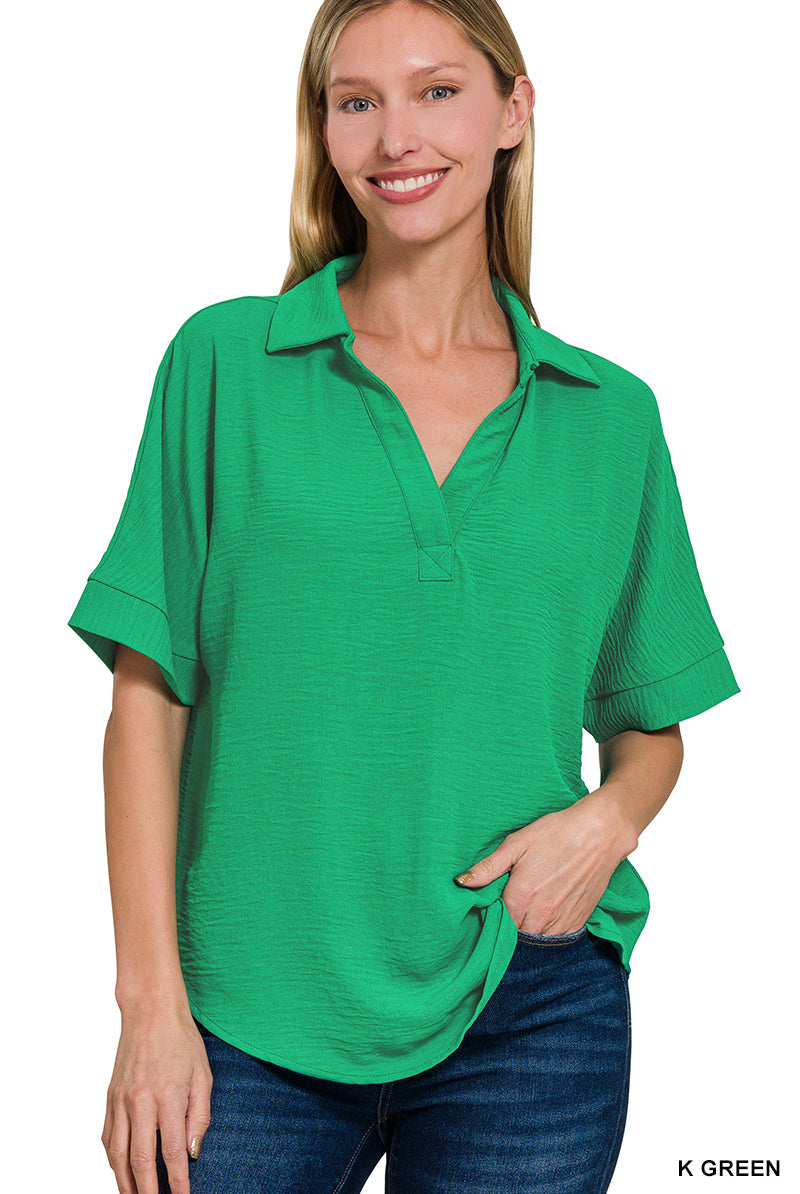 Collared V-Neck Short Sleeve Top-Blouse-Zenana-Stuffology - Where Vintage Meets Modern, A Boutique for Real Women in Crosbyton, TX