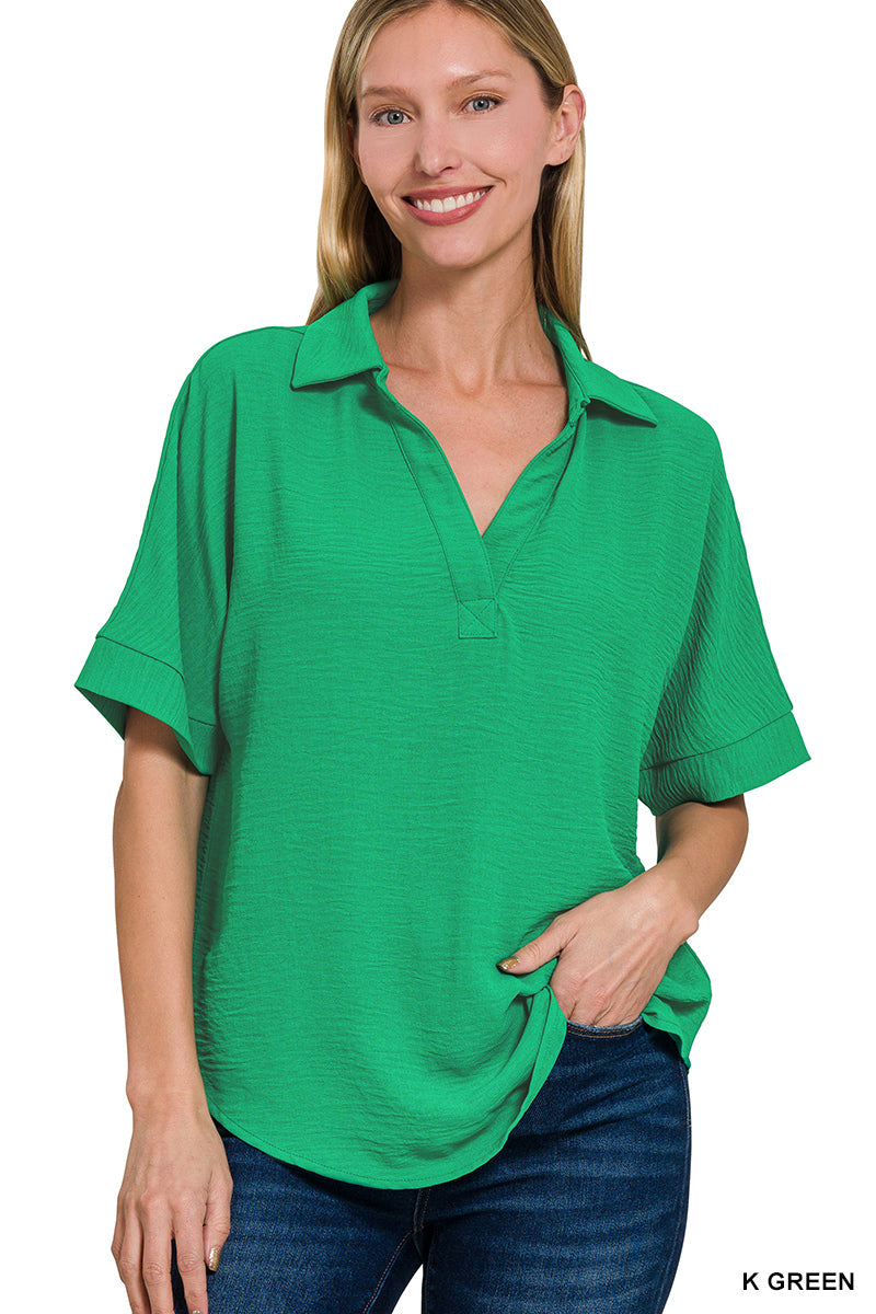 Collared V-Neck Short Sleeve Top-Blouse-Zenana-Stuffology - Where Vintage Meets Modern, A Boutique for Real Women in Crosbyton, TX