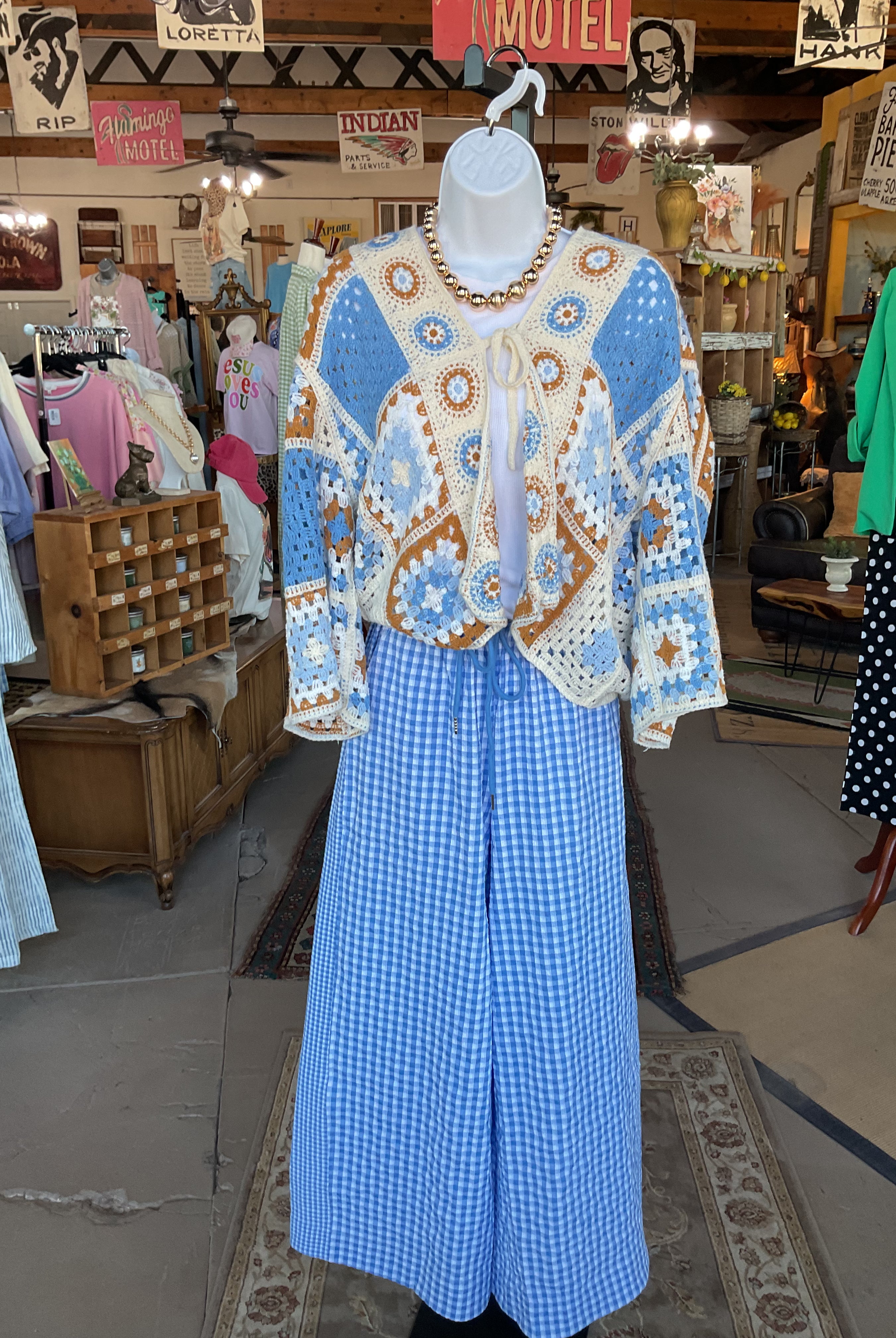 Blue Gingham Wide-Leg Drawstring Pants-Pants-Easel-Stuffology - Where Vintage Meets Modern, A Boutique for Real Women in Crosbyton, TX