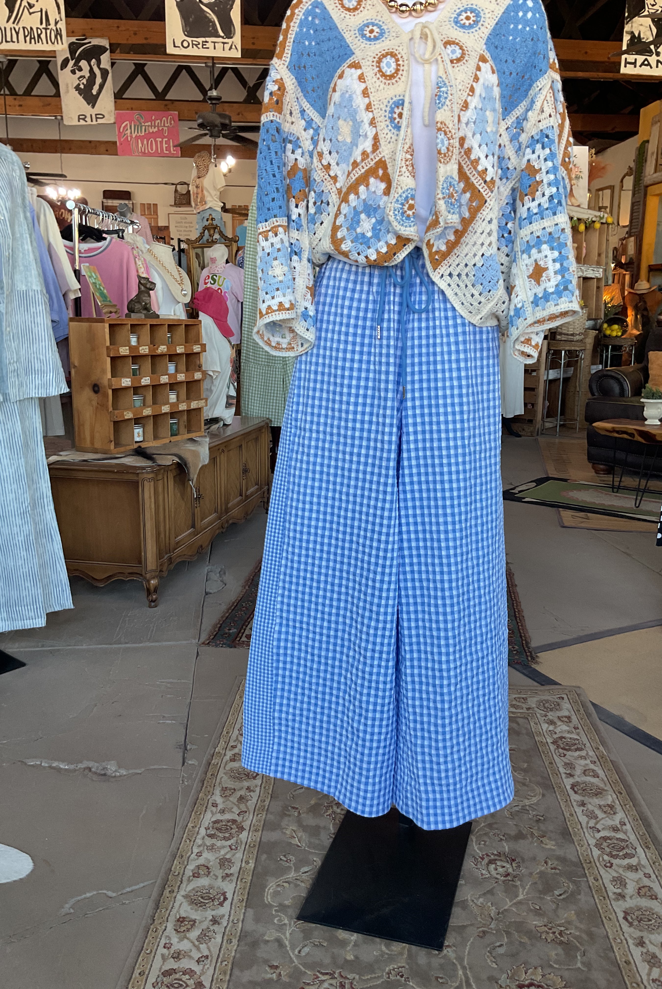 Blue Gingham Wide-Leg Drawstring Pants-Pants-Easel-Stuffology - Where Vintage Meets Modern, A Boutique for Real Women in Crosbyton, TX