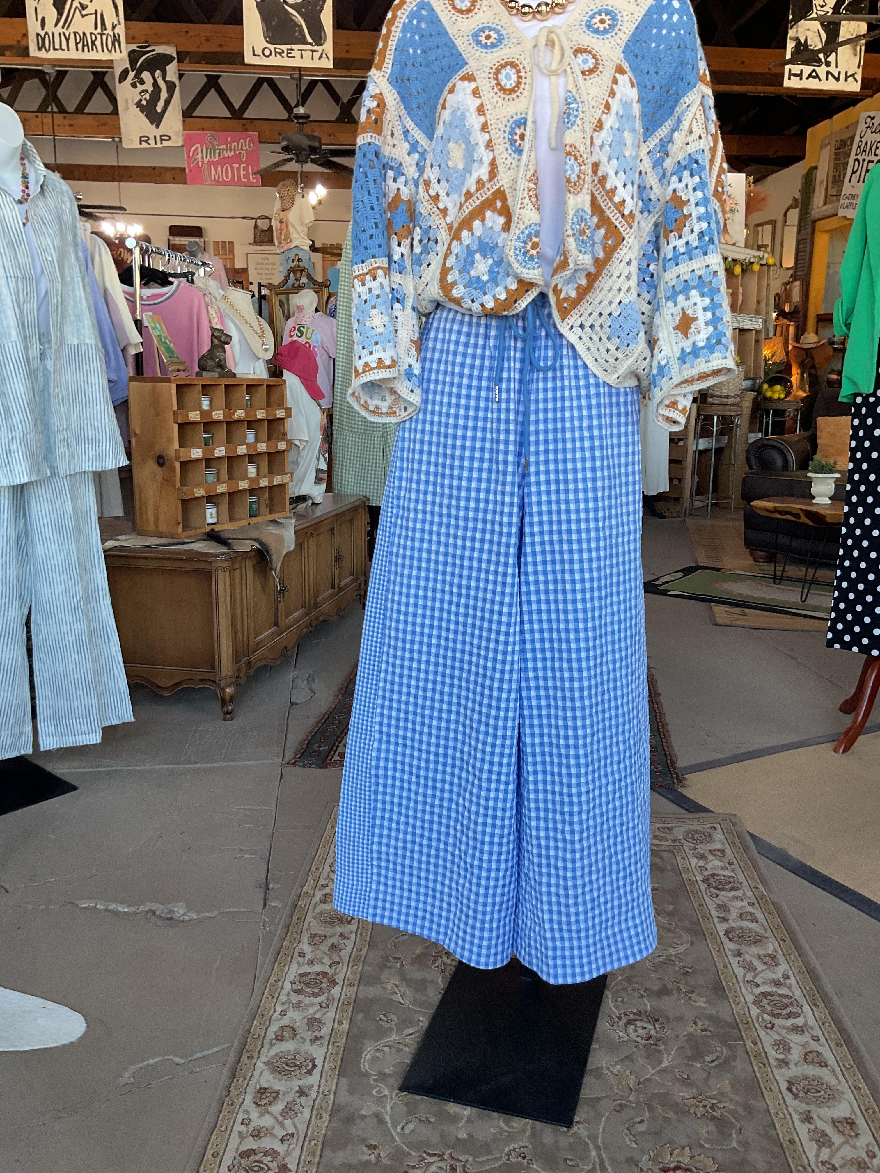 Blue Gingham Wide-Leg Drawstring Pants-Pants-Easel-Stuffology - Where Vintage Meets Modern, A Boutique for Real Women in Crosbyton, TX