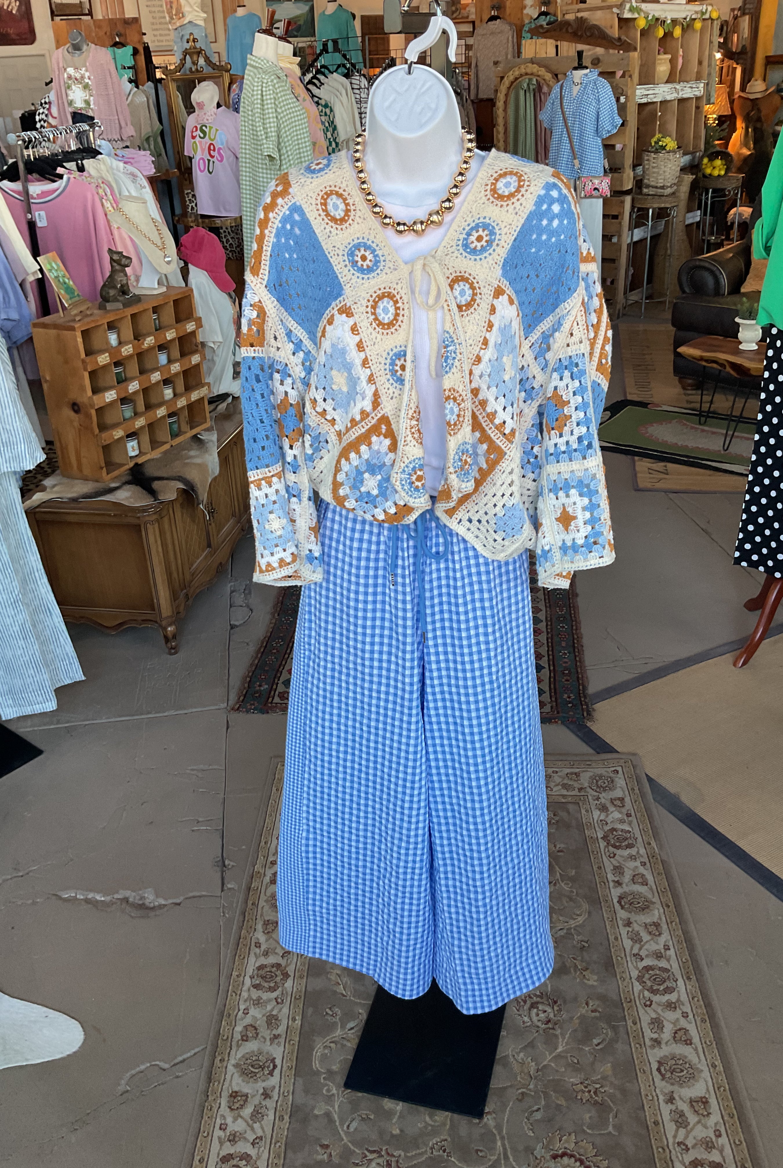 Blue Gingham Wide-Leg Drawstring Pants-Pants-Easel-Stuffology - Where Vintage Meets Modern, A Boutique for Real Women in Crosbyton, TX