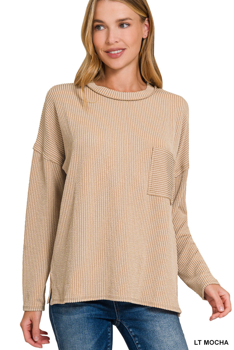 Ribbed Long Sleeve Pocket Top-Tops-Zenana-Stuffology - Where Vintage Meets Modern, A Boutique for Real Women in Crosbyton, TX
