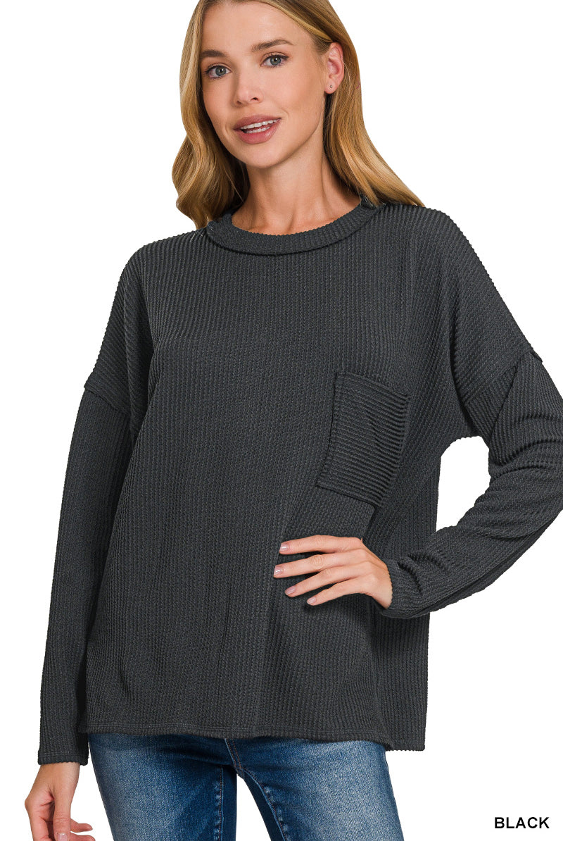 Ribbed Long Sleeve Pocket Top-Tops-Zenana-Stuffology - Where Vintage Meets Modern, A Boutique for Real Women in Crosbyton, TX