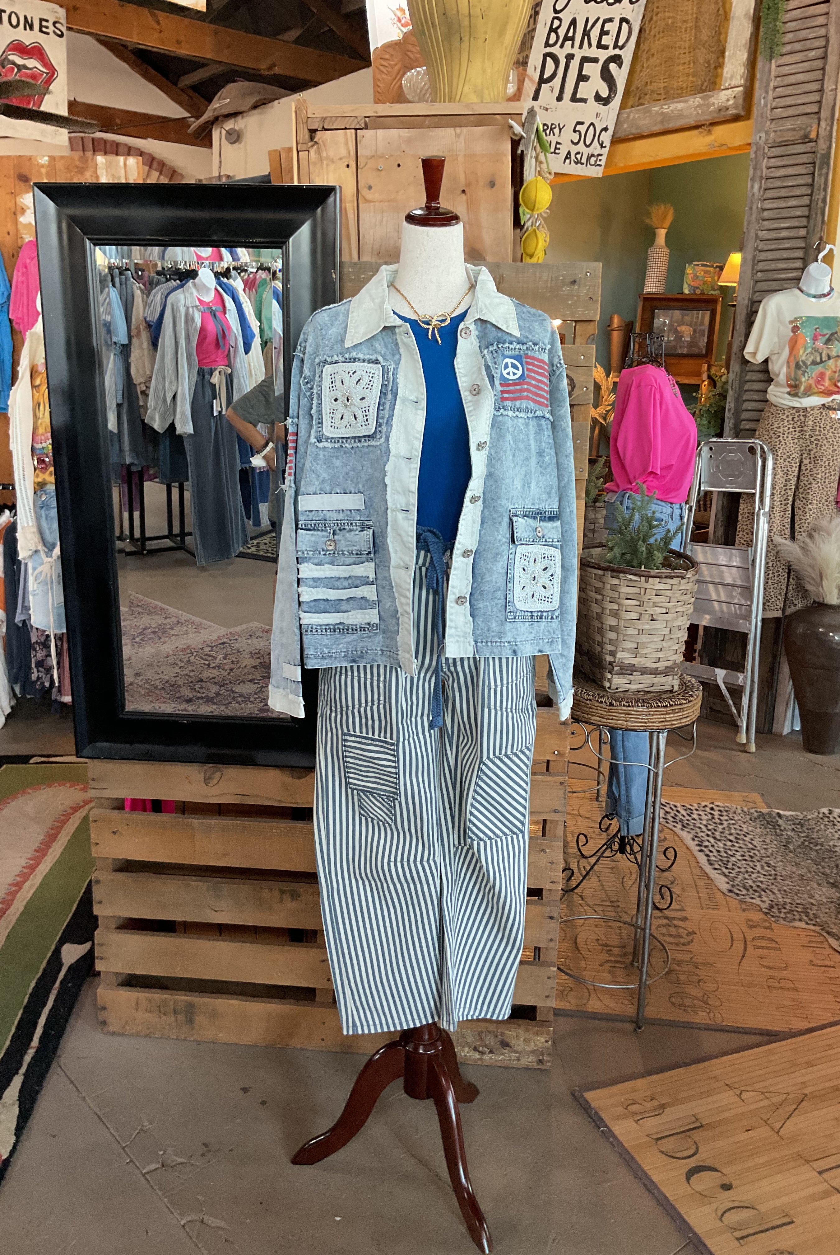 Americana Patchwork Denim Jacket-Denim Jacket-Pol Clothing-Stuffology - Where Vintage Meets Modern, A Boutique for Real Women in Crosbyton, TX