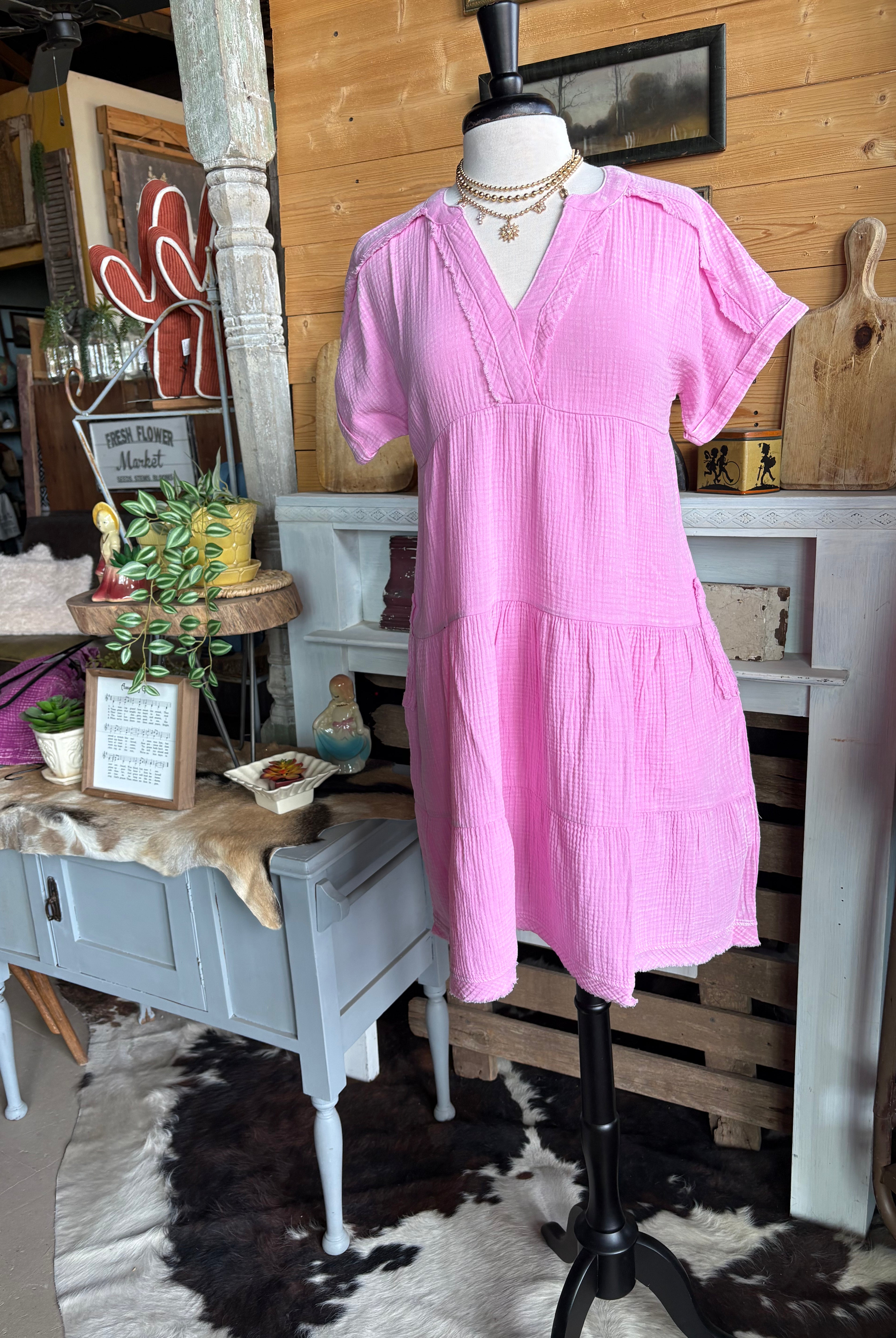 V-neck Gauze Dress-Dresses-Zenana-Stuffology - Where Vintage Meets Modern, A Boutique for Real Women in Crosbyton, TX
