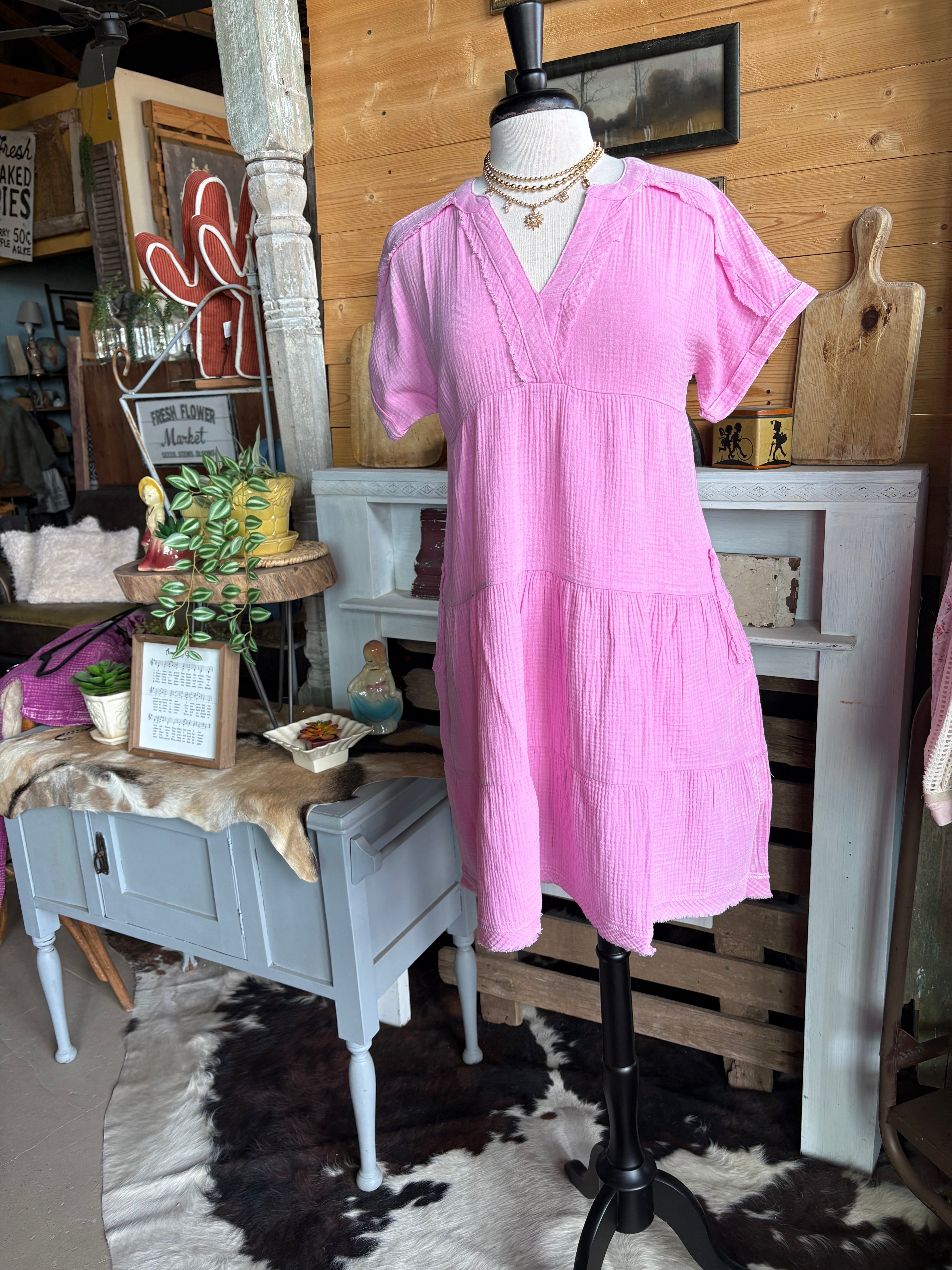 V-neck Gauze Dress-Dresses-Zenana-Stuffology - Where Vintage Meets Modern, A Boutique for Real Women in Crosbyton, TX