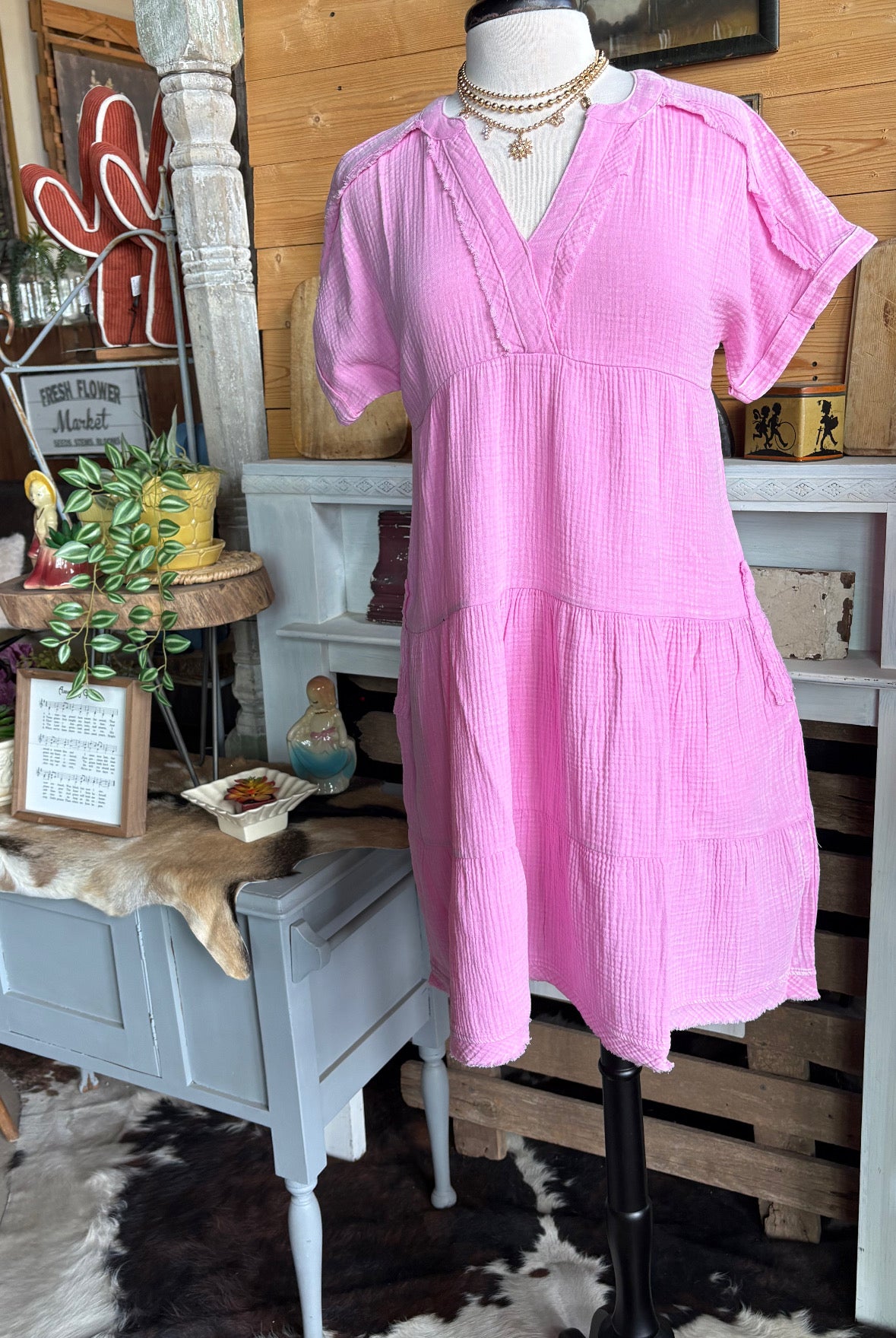 V-neck Gauze Dress-Dresses-Zenana-Stuffology - Where Vintage Meets Modern, A Boutique for Real Women in Crosbyton, TX