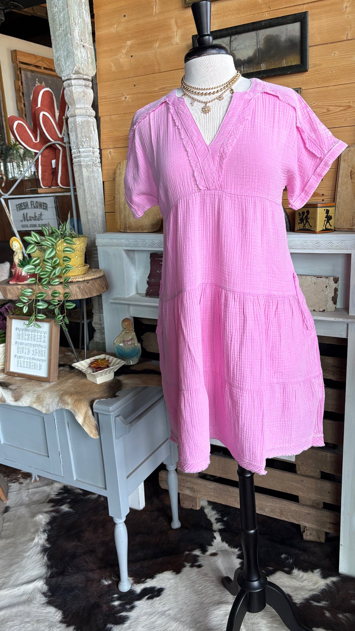 V-neck Gauze Dress-Dresses-Zenana-Stuffology - Where Vintage Meets Modern, A Boutique for Real Women in Crosbyton, TX