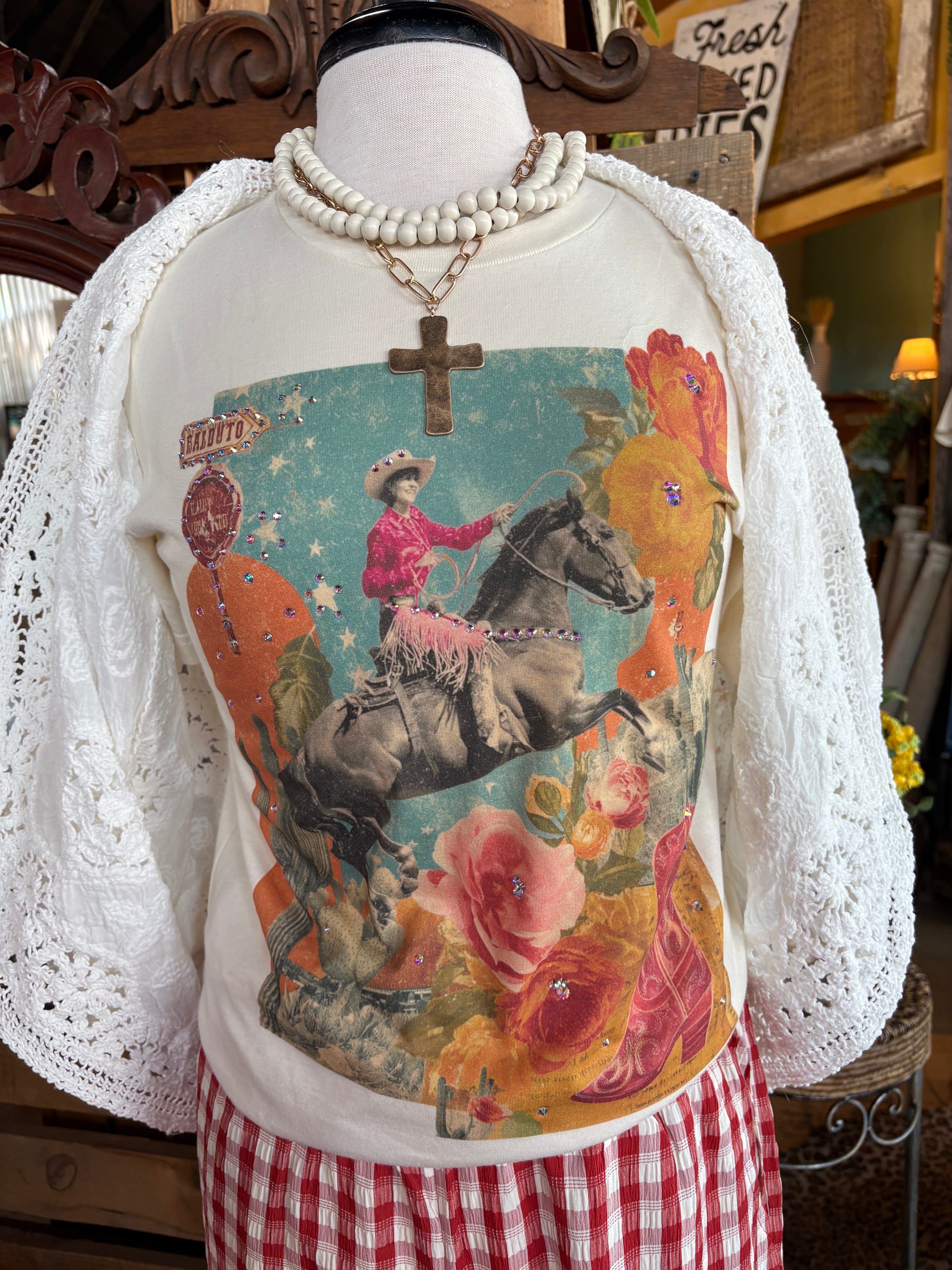 Vintage Rodeo Cowgirl Graphic Tee-Women > Tops > Tshirts > Graphic-The Queen Gypsy-Stuffology - Where Vintage Meets Modern, A Boutique for Real Women in Crosbyton, TX