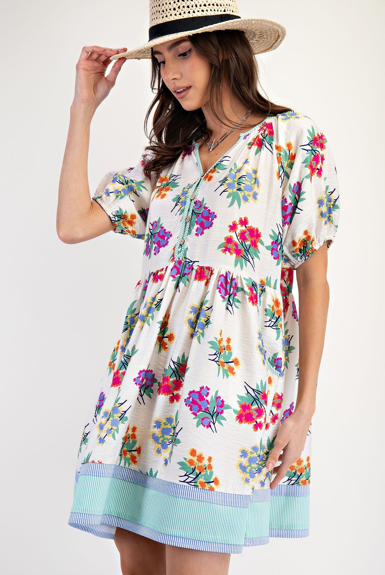 Floral Print Mix Stripe Woven Dress-Dresses-Easel-Stuffology - Where Vintage Meets Modern, A Boutique for Real Women in Crosbyton, TX