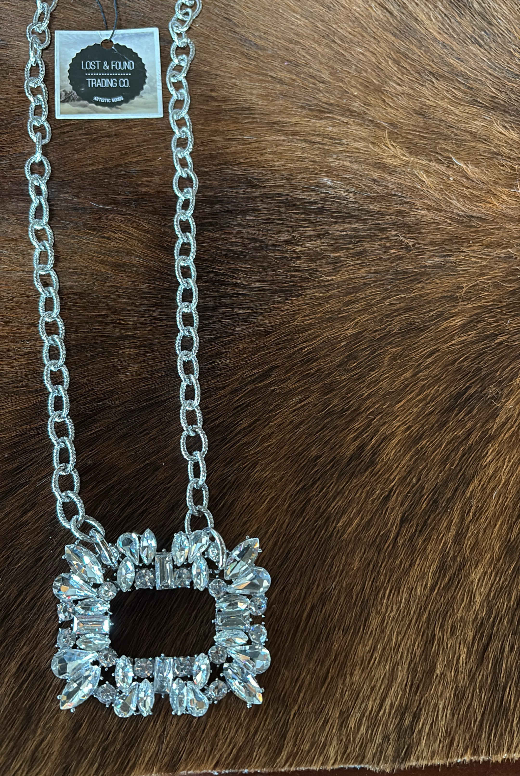 SHORT CHAIN W/BLING RECTANGLE NECKLACE - SILVER-Necklaces-Lost & Found Trading-Stuffology - Where Vintage Meets Modern, A Boutique for Real Women in Crosbyton, TX