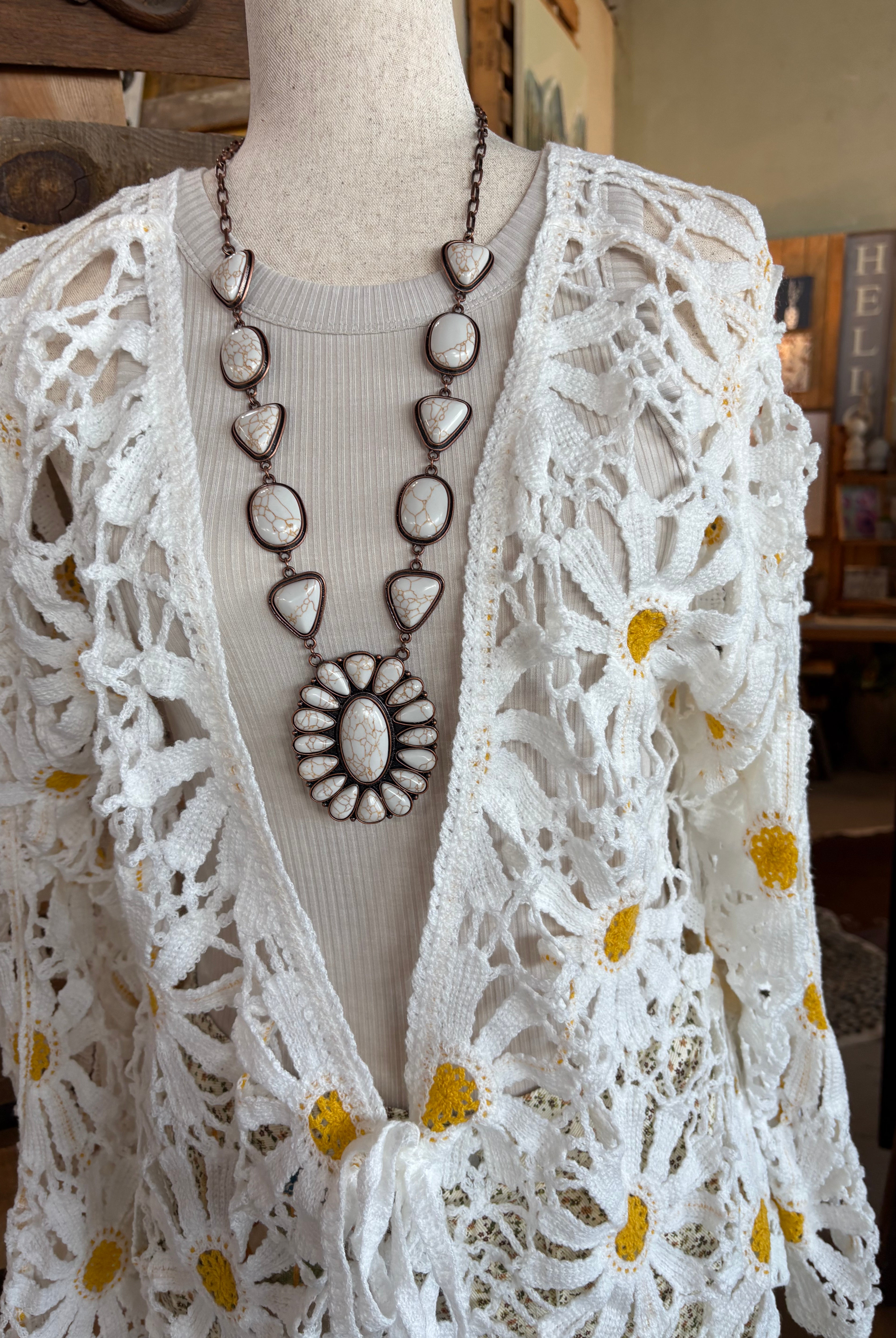 Faux Ivory and Copper Faux Squash Blossom Necklace-Jewelry-Stuffology Boutique -Stuffology - Where Vintage Meets Modern, A Boutique for Real Women in Crosbyton, TX