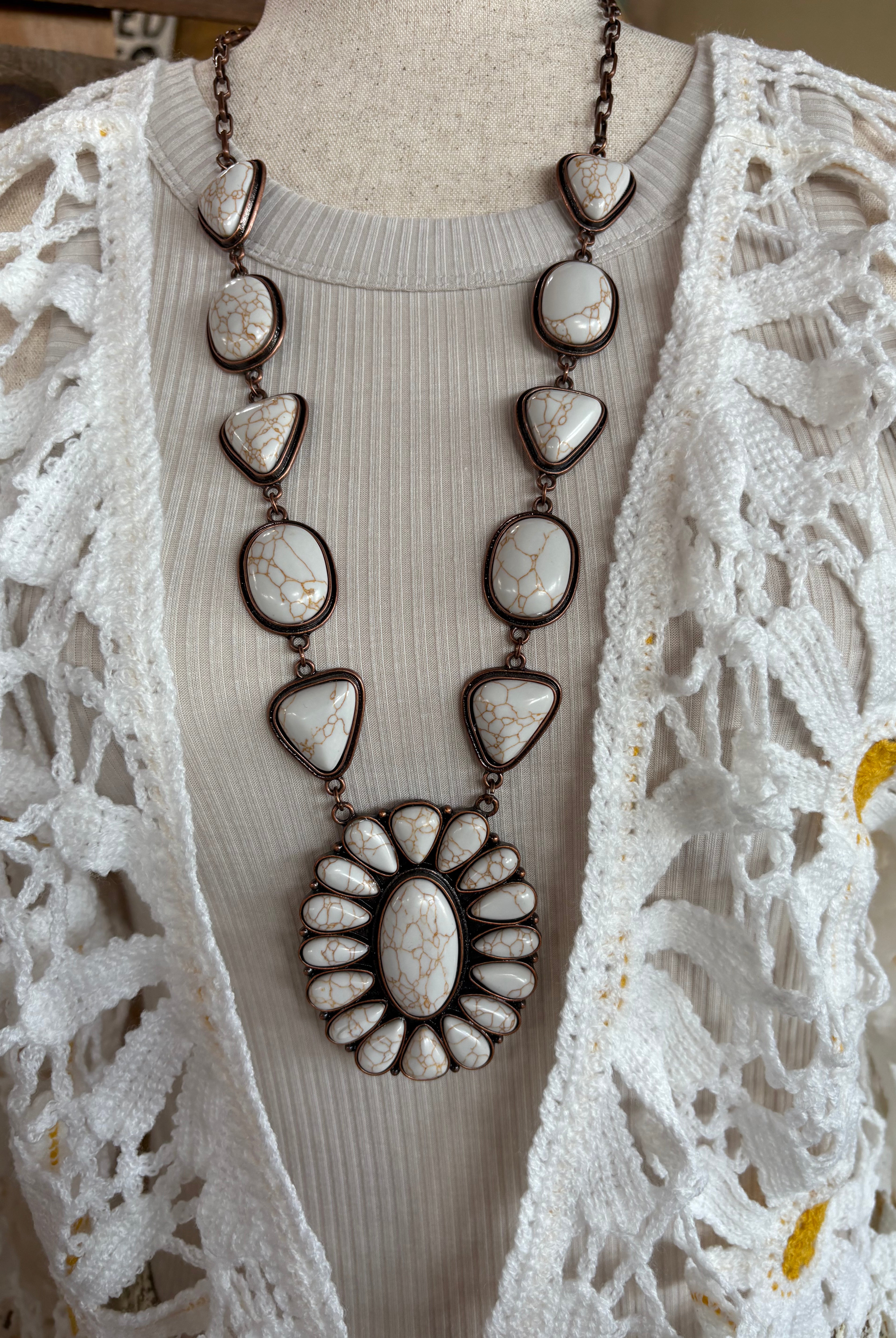 Faux Ivory and Copper Faux Squash Blossom Necklace-Jewelry-Stuffology Boutique -Stuffology - Where Vintage Meets Modern, A Boutique for Real Women in Crosbyton, TX