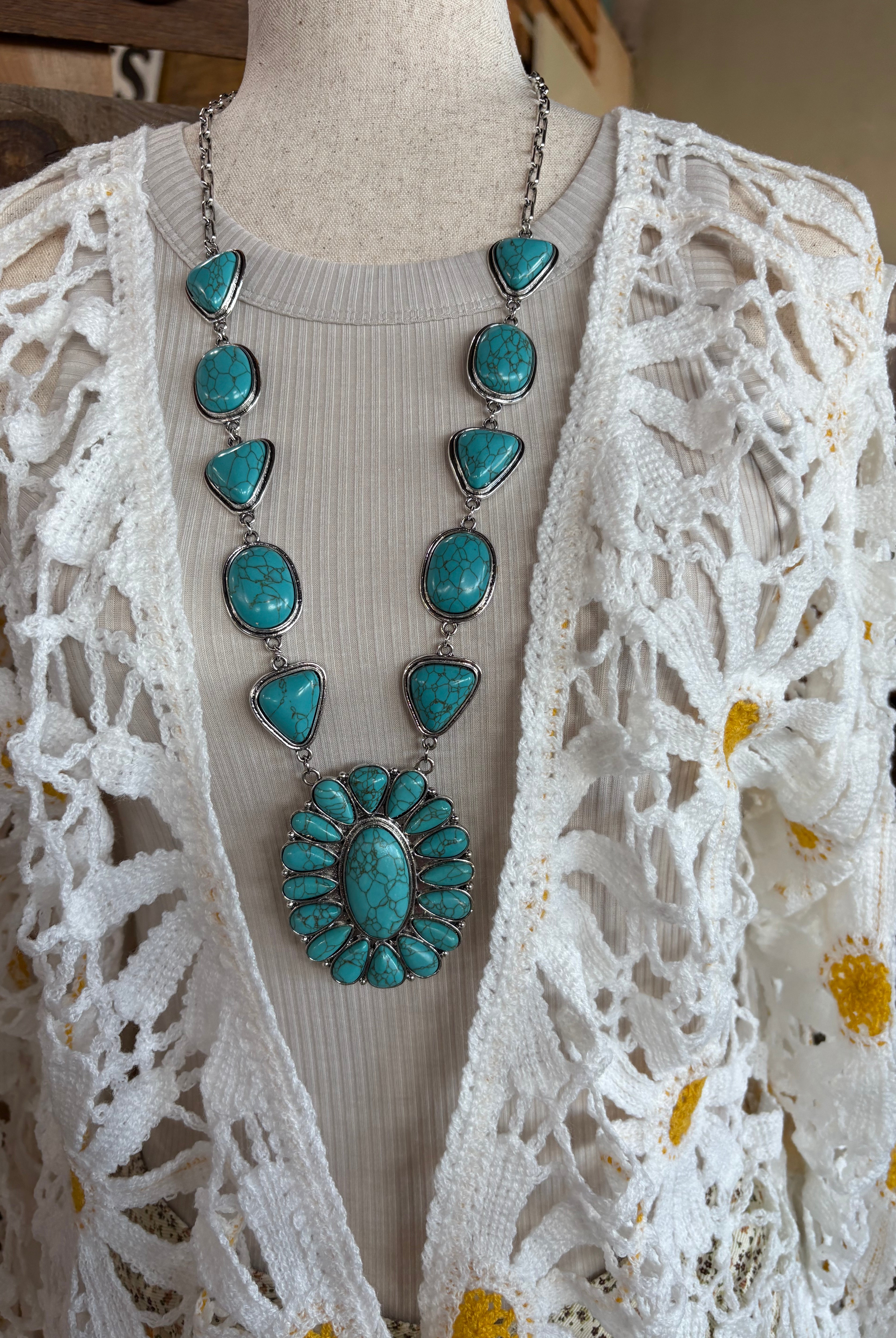 Faux Turquoise Squash Blossom Necklace-Jewelry-Stuffology Boutique -Stuffology - Where Vintage Meets Modern, A Boutique for Real Women in Crosbyton, TX