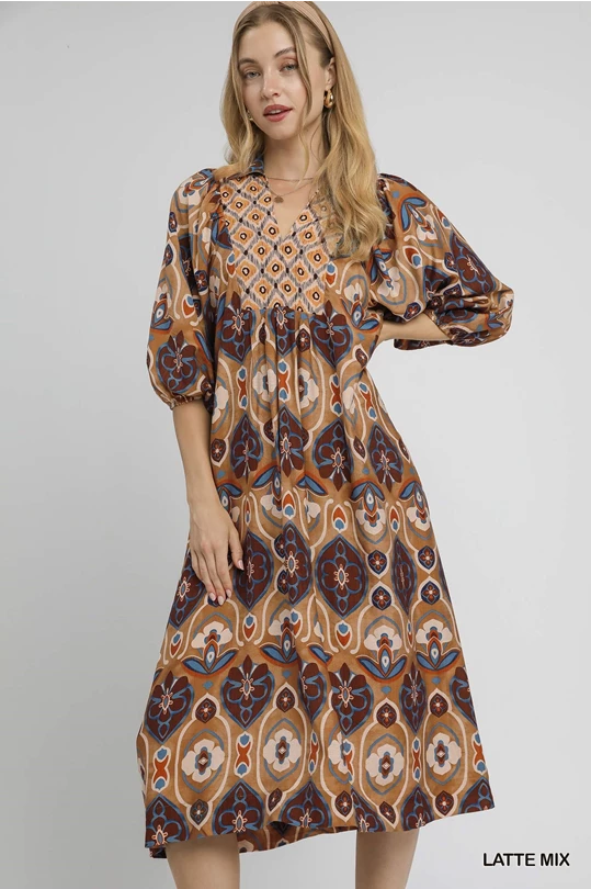 Abstract Print Collared Midi Dress-Dresses-Umgee-Stuffology - Where Vintage Meets Modern, A Boutique for Real Women in Crosbyton, TX