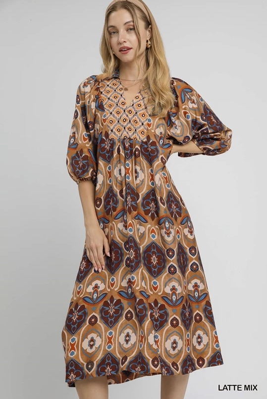 Abstract Print Collared Midi Dress-Dresses-Umgee-Stuffology - Where Vintage Meets Modern, A Boutique for Real Women in Crosbyton, TX