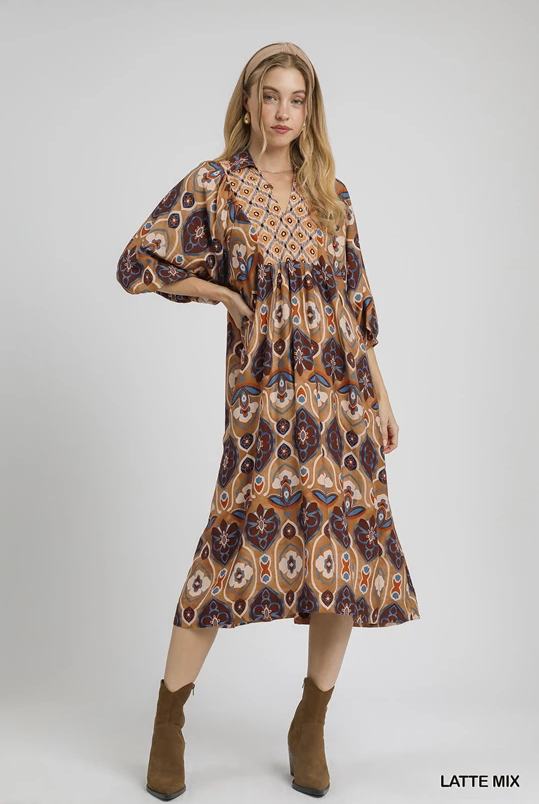 Abstract Print Collared Midi Dress-Dresses-Umgee-Stuffology - Where Vintage Meets Modern, A Boutique for Real Women in Crosbyton, TX