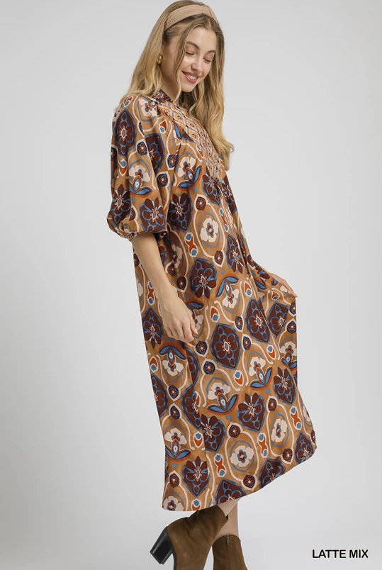 Abstract Print Collared Midi Dress-Dresses-Umgee-Stuffology - Where Vintage Meets Modern, A Boutique for Real Women in Crosbyton, TX
