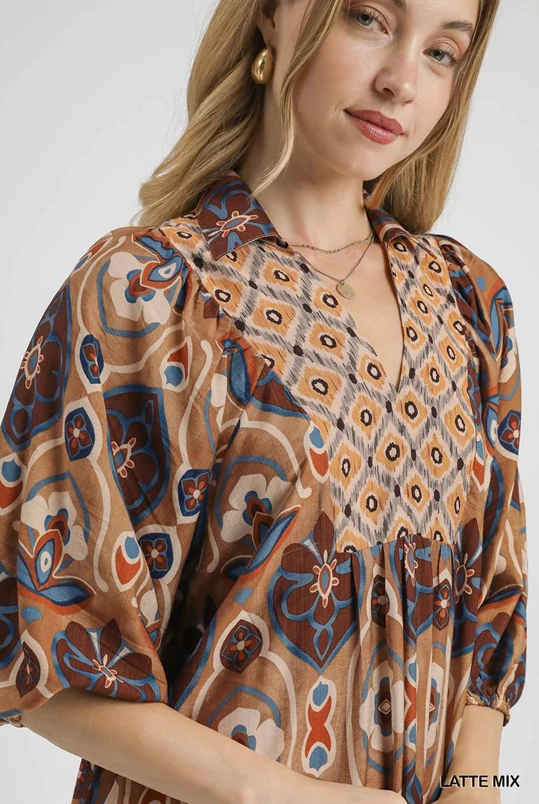 Abstract Print Collared Midi Dress-Dresses-Umgee-Stuffology - Where Vintage Meets Modern, A Boutique for Real Women in Crosbyton, TX