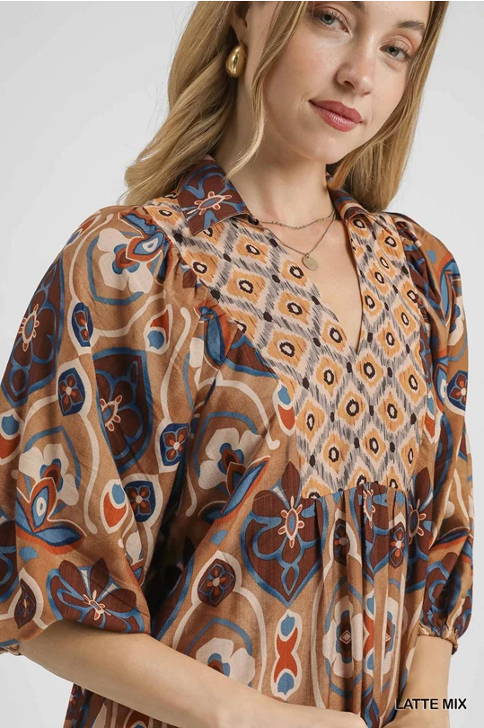 Abstract Print Collared Midi Dress-Dresses-Umgee-Stuffology - Where Vintage Meets Modern, A Boutique for Real Women in Crosbyton, TX