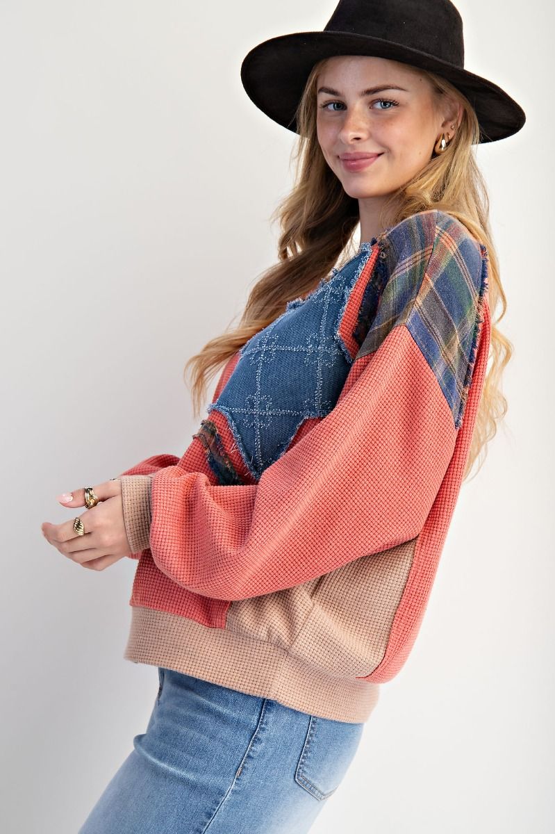 Star Patch Washed Thermal Pullover-Pullover Top-Easel-Stuffology - Where Vintage Meets Modern, A Boutique for Real Women in Crosbyton, TX