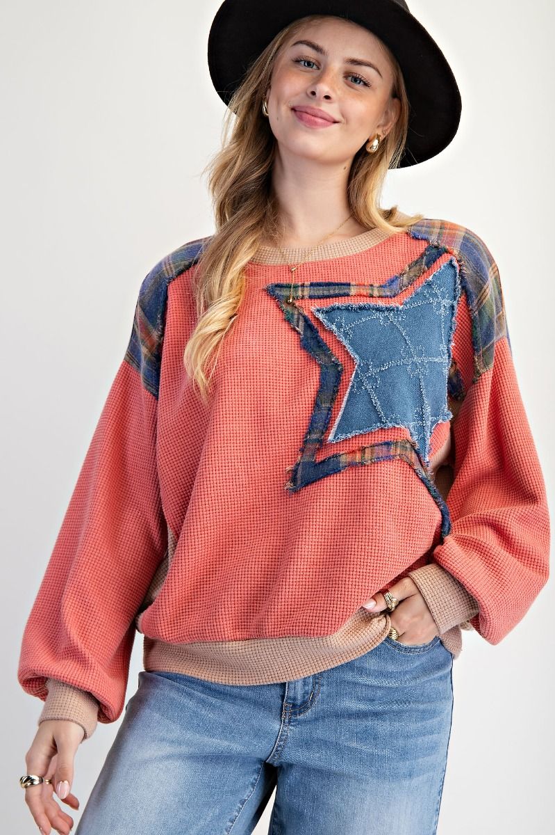 Star Patch Washed Thermal Pullover-Pullover Top-Easel-Stuffology - Where Vintage Meets Modern, A Boutique for Real Women in Crosbyton, TX