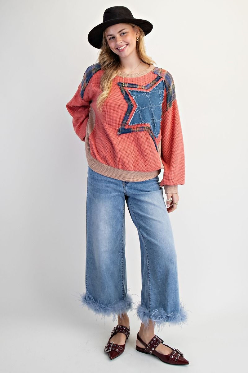 Star Patch Washed Thermal Pullover-Pullover Top-Easel-Stuffology - Where Vintage Meets Modern, A Boutique for Real Women in Crosbyton, TX