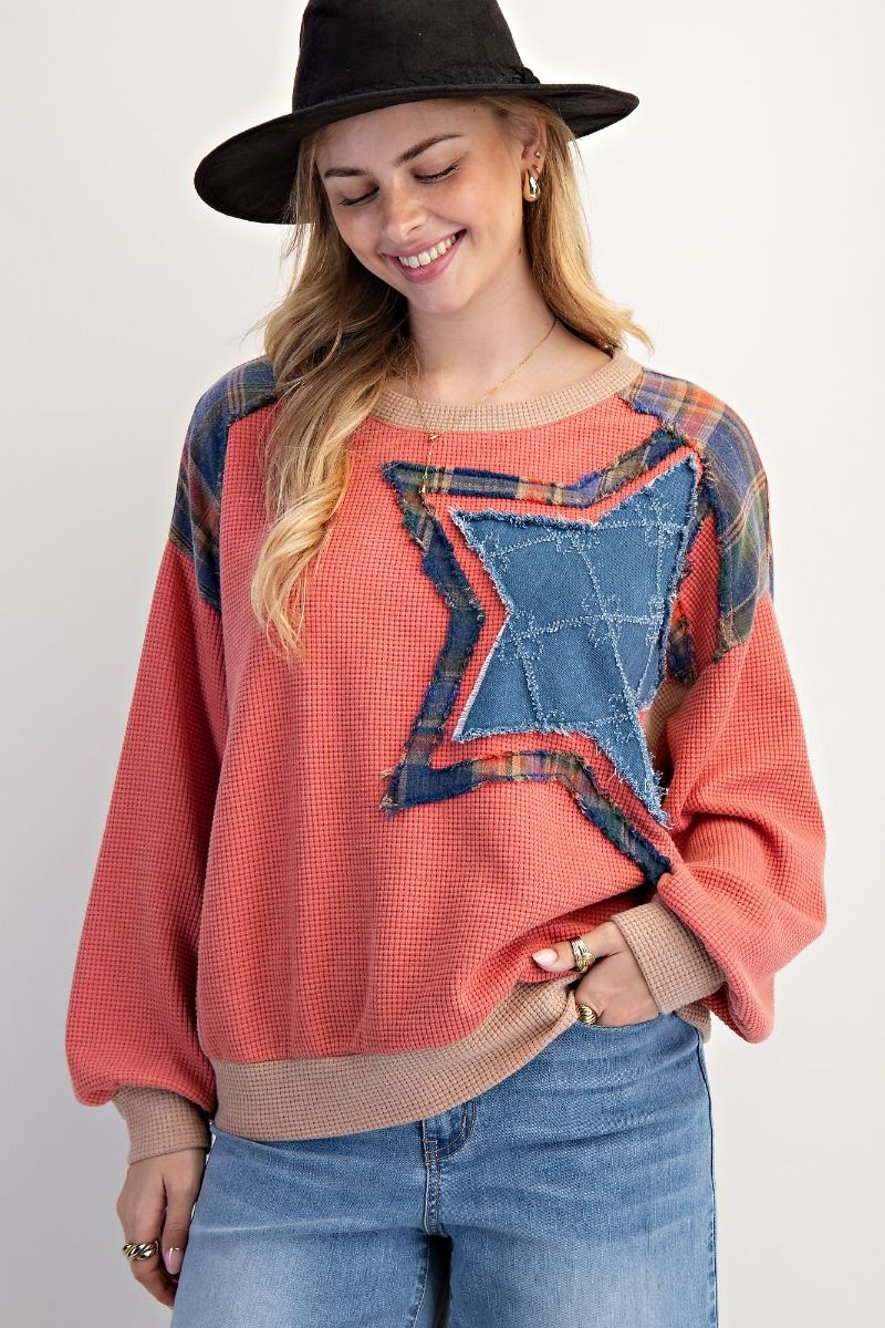 Star Patch Washed Thermal Pullover-Pullover Top-Easel-Stuffology - Where Vintage Meets Modern, A Boutique for Real Women in Crosbyton, TX
