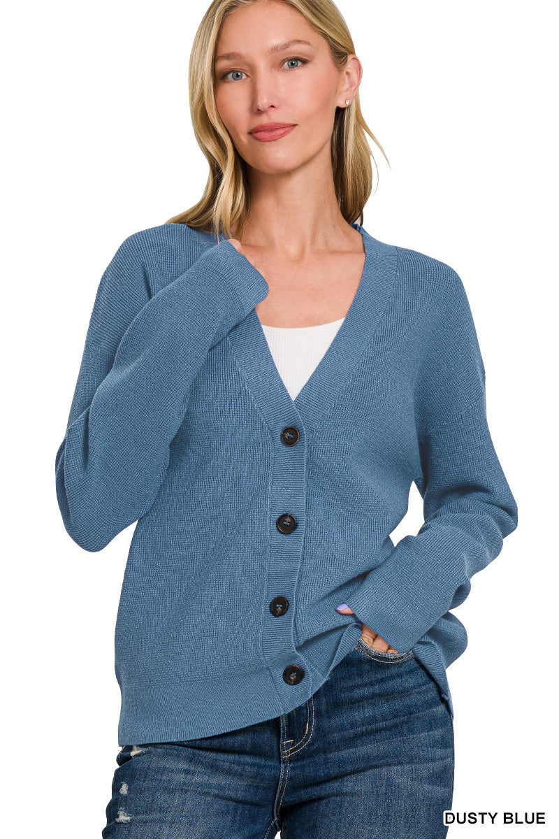 Dusty Blue Drop Shoulder Sweater Cardigan-Sweater Cardigan-Zenana-Stuffology - Where Vintage Meets Modern, A Boutique for Real Women in Crosbyton, TX