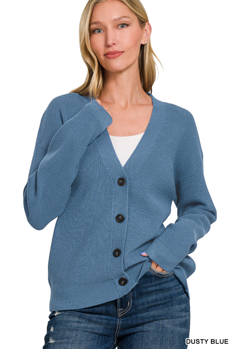 Dusty Blue Drop Shoulder Sweater Cardigan-Sweater Cardigan-Zenana-Stuffology - Where Vintage Meets Modern, A Boutique for Real Women in Crosbyton, TX