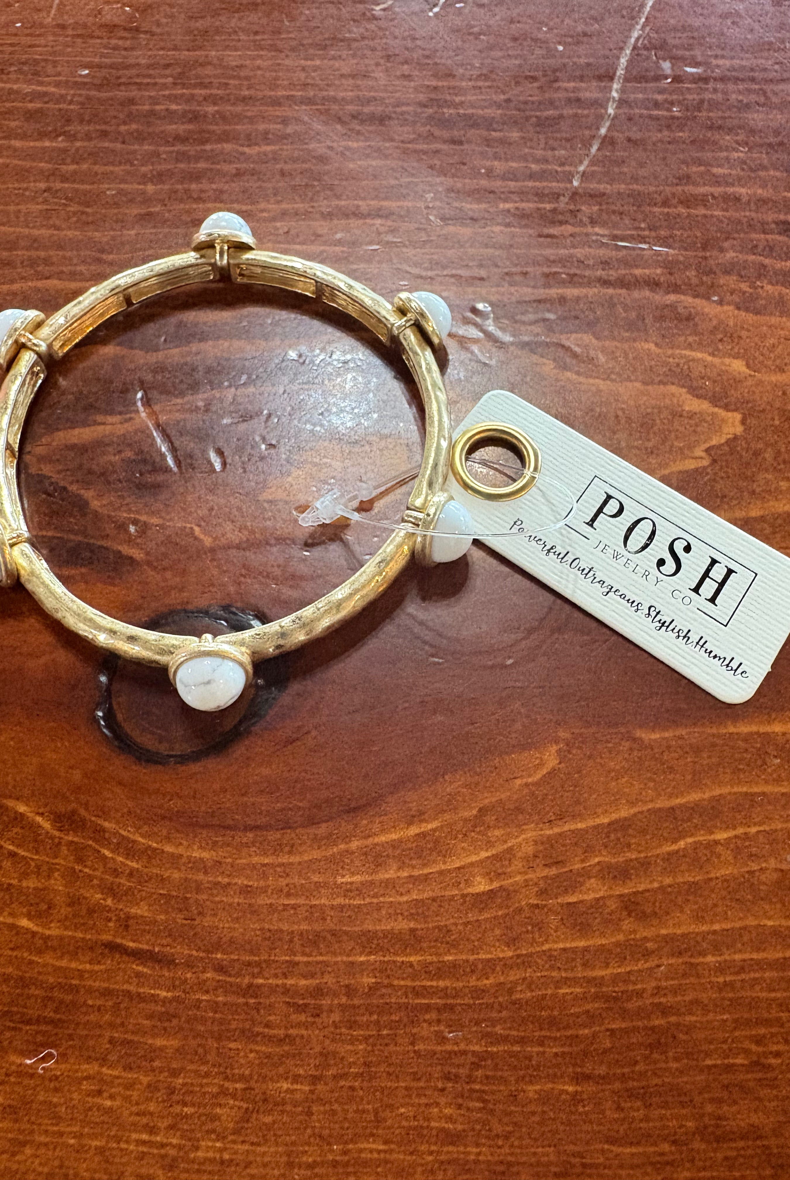 Gold stretch bracelet with white stones-Bracelets-Pink Panache Brands-Stuffology - Where Vintage Meets Modern, A Boutique for Real Women in Crosbyton, TX