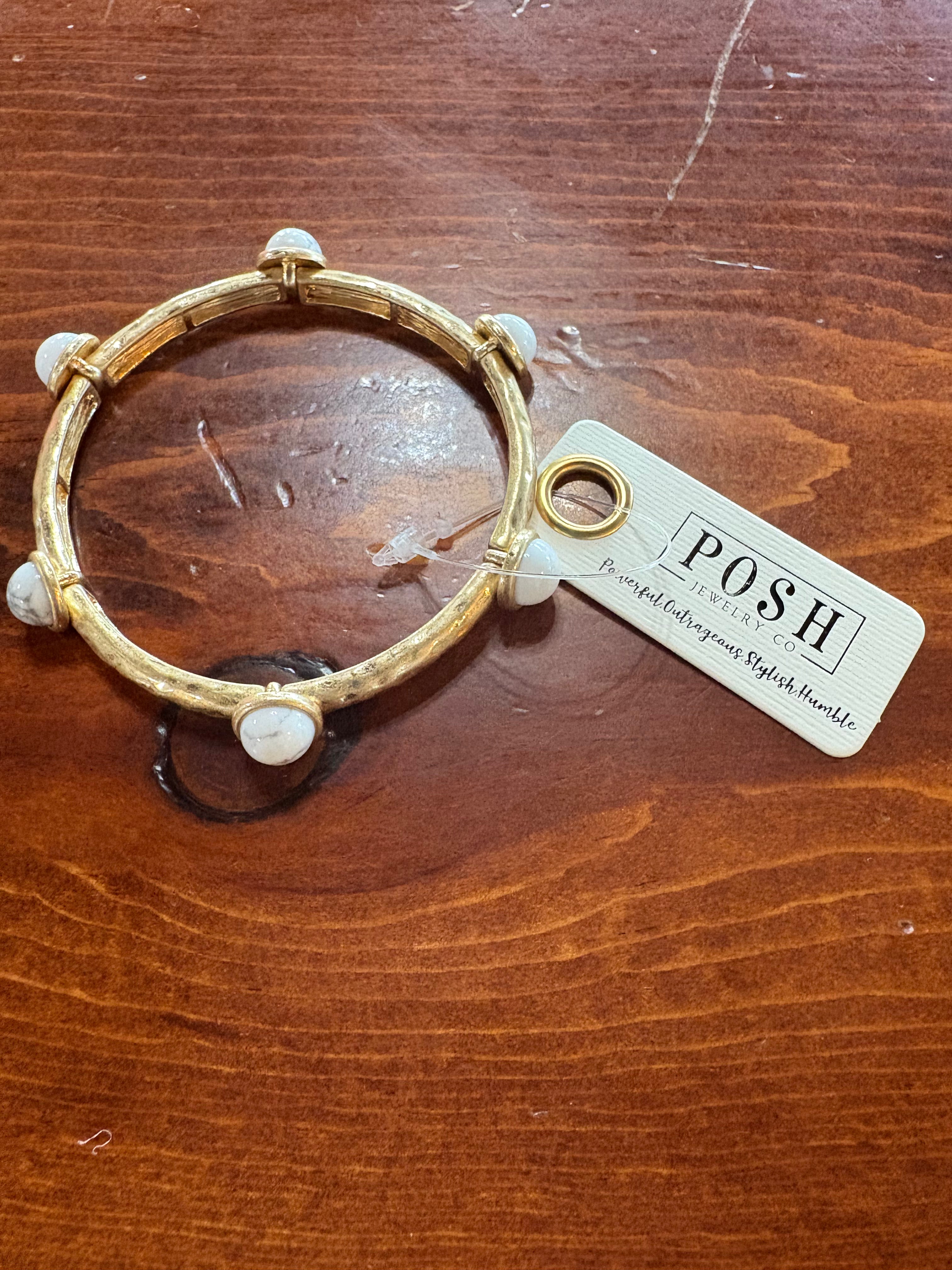 Gold stretch bracelet with white stones-Bracelets-Pink Panache Brands-Stuffology - Where Vintage Meets Modern, A Boutique for Real Women in Crosbyton, TX