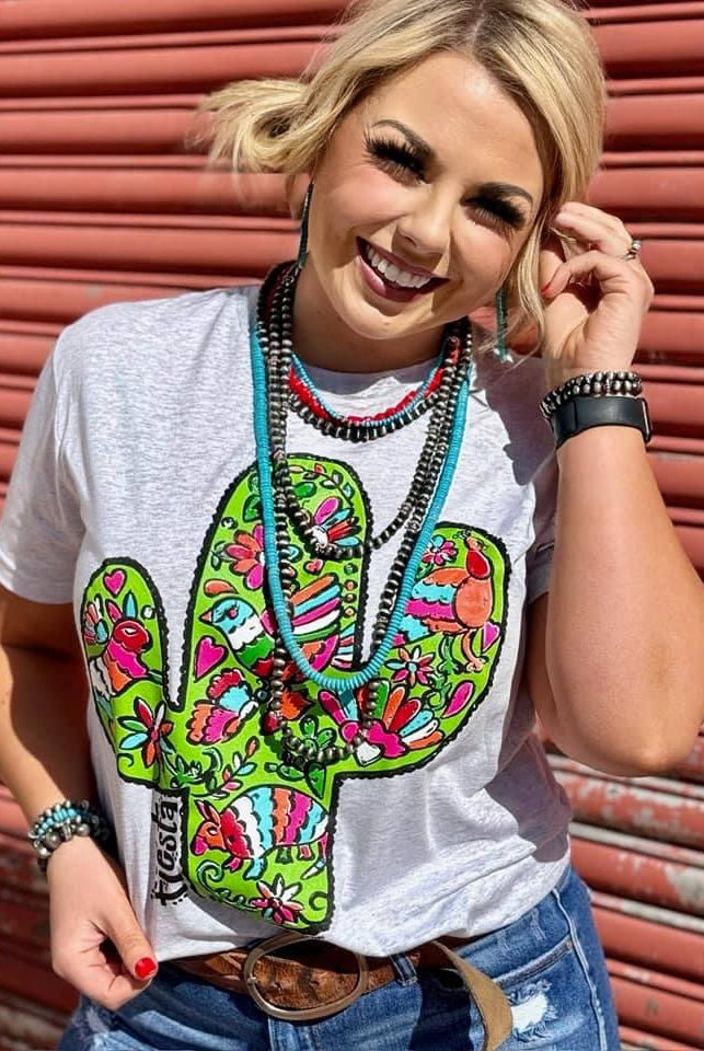 Boho Style Fiesta Cactus on Heather White Tee / Stuffology Boutique-Graphic Tees-Texas True Threads-Stuffology - Where Vintage Meets Modern, A Boutique for Real Women in Crosbyton, TX